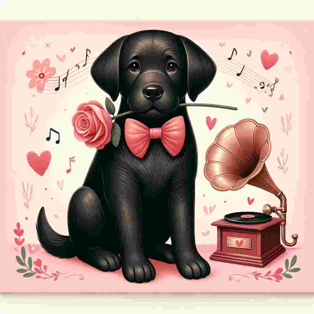 Create a heartwarming Valentine's Day illustration that depicts a charming black Labrador with a shiny coat. The dog is sitting in the middle of a pastel-colored background that is adorned with musical notes and hearts. The Labrador is gently holding a red rose in its mouth and is wearing a pink bow tie for a festive touch. A vintage gramophone is seen in one corner of the illustration, playing a sweet melody and contributing to the overall romantic atmosphere of the image.
Generated with these themes: Black labrador, and Music.
Made with ❤️ by AI.