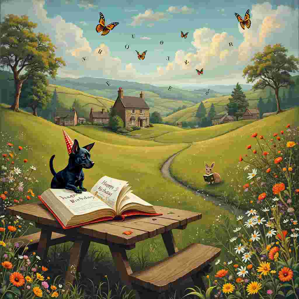 Imagine a whimsical Yorkshire Dales landscape where a rolling green meadow is alive with vibrant details. In the foreground, there's a rustic wooden picnic table covered with an open book, its pages fluttering like butterfly wings. Sitting on the bench, a small black dog wearing a party hat is eagerly eyeing a birthday cake shaped like a stack of books, with the title "Happy Birthday, Laura" beautifully inscribed on the spines in icing.

To the right of the table, a patch of wildflowers teems with butterflies—each one adorned with intricate, almost Beardsley-like patterns on their wings, reminiscent of illustrations in an old storybook. A few butterflies are seen playfully hovering near the small dog, almost as if they're ready to land on its nose.

In the background, classic Yorkshire stone cottages with moss-covered roofs are nestled among rolling hills. Further back, a winding path lined with wildflowers leads up to a scenic hill where a banner reading "Happy Birthday, Laura" is strung between two tall trees. The letters on the banner are illustrated with motifs from classic fairy tales, adding a Sendak-like touch.

Above, the sky is a wash of Maxfield Parrish's dreamy blues and purples, dotted with fluffy clouds. Among the clouds, subtle shapes form letters spelling out "Laura," as if written by a playful wind. A butterfly with especially large, luminous wings flutters near the clouds, adding a sense of magic to the sky.

The entire scene is framed with tiny, whimsical details—like a small rabbit peeking from behind a bush, carrying a tiny book, or an owl perched on a branch with a tiny scroll that reads, "To Laura, with love." Every element in the scene intertwines books, butterflies, the charming Yorkshire Dales, and the delightful small black dog into a captivating birthday story.
Generated with these themes: Books, Butterflies, Yorkshire dales, and Small black dog.
Made with ❤️ by AI.