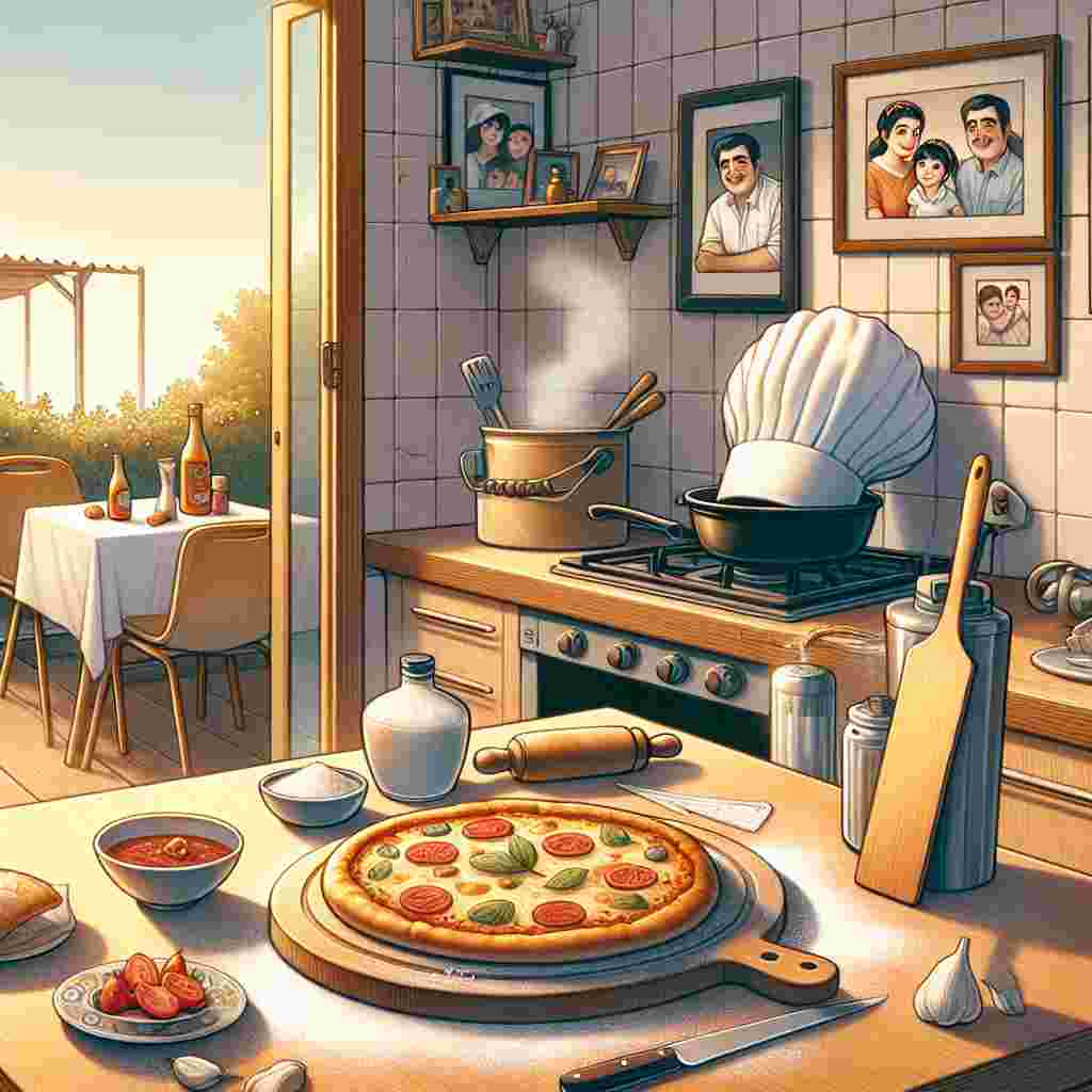 Draw a heartwarming Father's Day-themed illustration set in a warm kitchen. The scene honors a father who isn't physically present. The father's affection for cooking is represented by a chef's hat and a pizza paddle resting against a counter dusted with flour, with a pizza bubbling nearby. Framed photos on the walls capture joyful family memories and subtly incorporate elements of Iranian culture. A window reveals an outdoor view displaying a grill with barbecue utensils hinting at a joyful outdoor cookout. A table in the vicinity is strewn with an array of sleek gadgets, signifying the father's interest in technology.
Generated with these themes: Baba, Pizza chef, Gadgets, Barbecuing, and Iranian.
Made with ❤️ by AI.