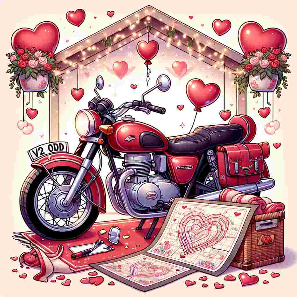 Illustrate a delightful Valentine's Day scene with a red motorcycle at the center. This is not just any motorcycle; it's a unique one with an unusual registration number 'V2 ODD'. This motorcycle is parked in a charming cupid-inspired garage. Above it, floating heart-shaped balloons add to the festive ambiance. In a pleasing detail, there's a cozy blanket draped over the motorcycle's seat. The floor is decorated with scattered rose petals. A custom-made map, labeled as 'love route', is tucked away in the side compartment of the motorcycle, suggesting the beginning of a romantic journey.
Generated with these themes: Red Harley Davidson Motor bike, and Registration V2 ODD.
Made with ❤️ by AI.