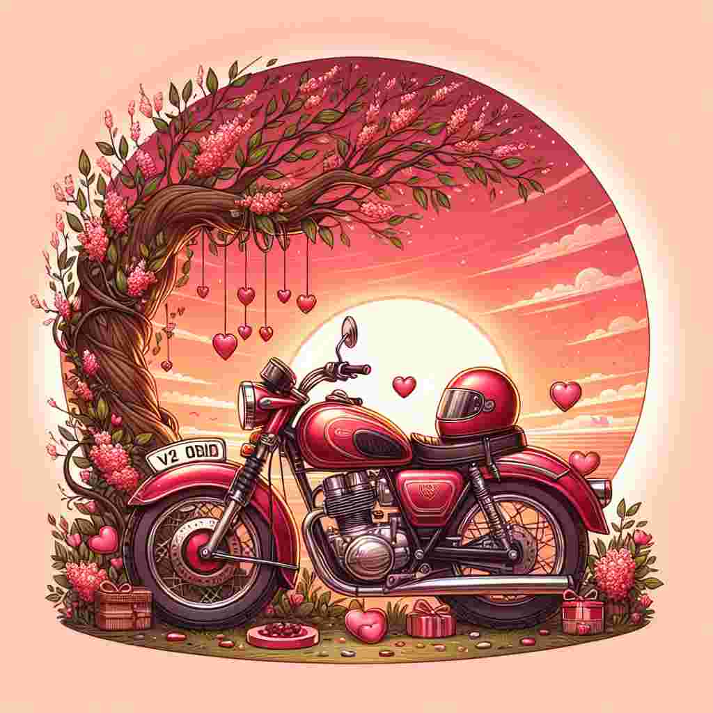 An enchanting Valentine's Day illustration showcases a shiny red motorcycle, similar to popular cycle designs, with a license plate sporting the characters 'V2 ODD'. The bike is stationed under a tree flourishing with heart-shaped foliage instead of typical leaves. Two helmets implying a romantic journey sit elegantly on the handlebars. The background captures the essence of a pastel sky suggesting a descending sun, surrounded by dainty flowers and chocolates sprinkled around the motorbike, contributing to the affectionate atmosphere of the day.
Generated with these themes: Red Harley Davidson Motor bike, and Registration V2 ODD.
Made with ❤️ by AI.