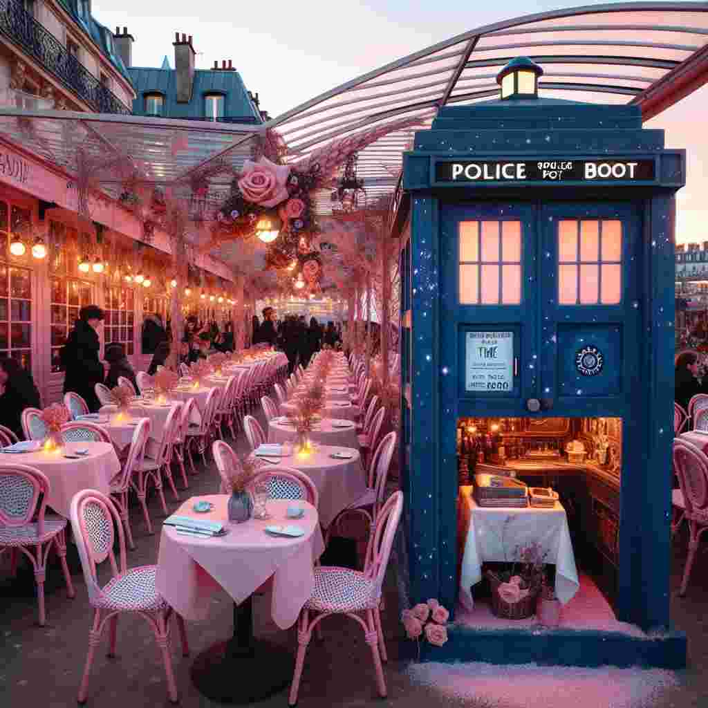 In the city of love, Paris, a gentle pink hue engulfs a prominent iron landmark under the setting sun on Valentine's Day. An outdoor café, inspired by an iconic British television show set in space and time, attracts pairs of people from all walks of life. The staff, impersonating various roles in the time twisty narrative, serve inspired delicacies. Delicate flower petals dress each tabletop and a characteristic blue British police phone booth, a hallmark of the TV show, serves as a fun photo stand, with its doors welcoming guests to a cosmic display of twinkling celestial bodies.
Generated with these themes: Doctor Who, Pink, and Eiffel Tower.
Made with ❤️ by AI.