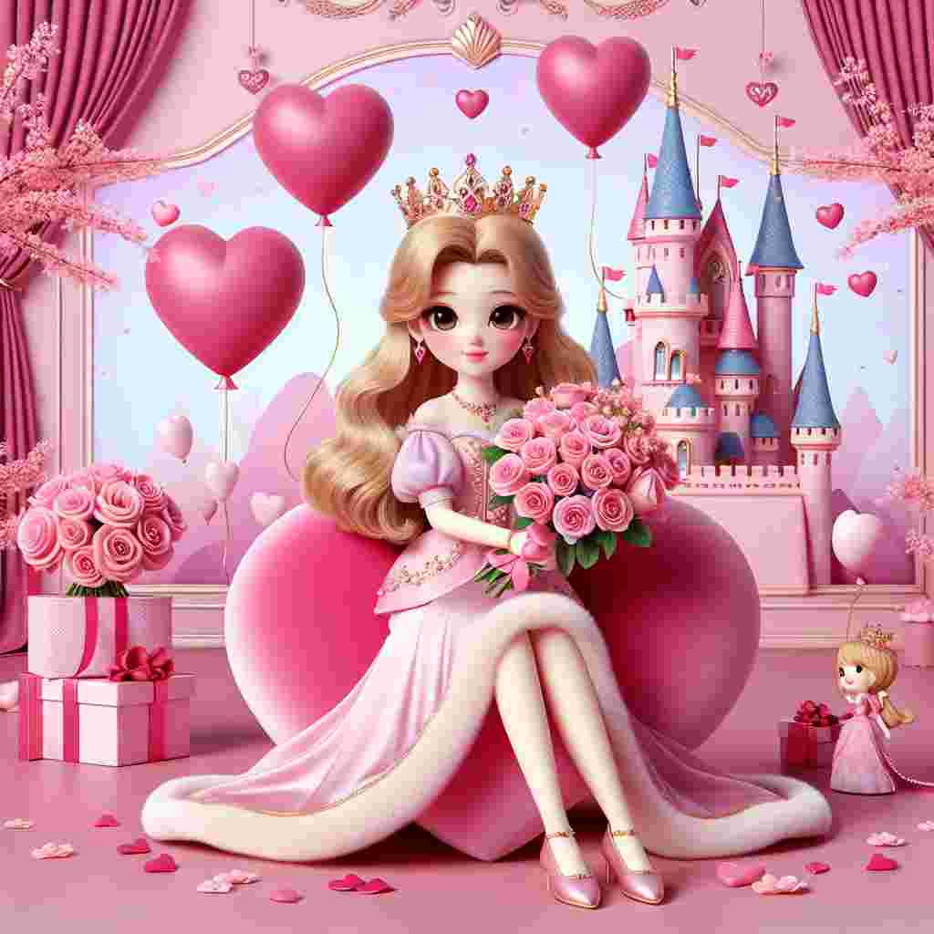 Imagine a delightful Valentine's Day scene featuring a generic princess, not related to any known character, in a whimsical pink setting. She's sitting on a plush, heart-shaped velvet cushion with a regal crown on her golden-haired head, holding a bouquet of pink roses. The background features a pastel pink fortress and fluttering balloons shaped like hearts, creating an enchantingly romantic atmosphere.
Generated with these themes: Barbie, Princess, and Pink.
Made with ❤️ by AI.