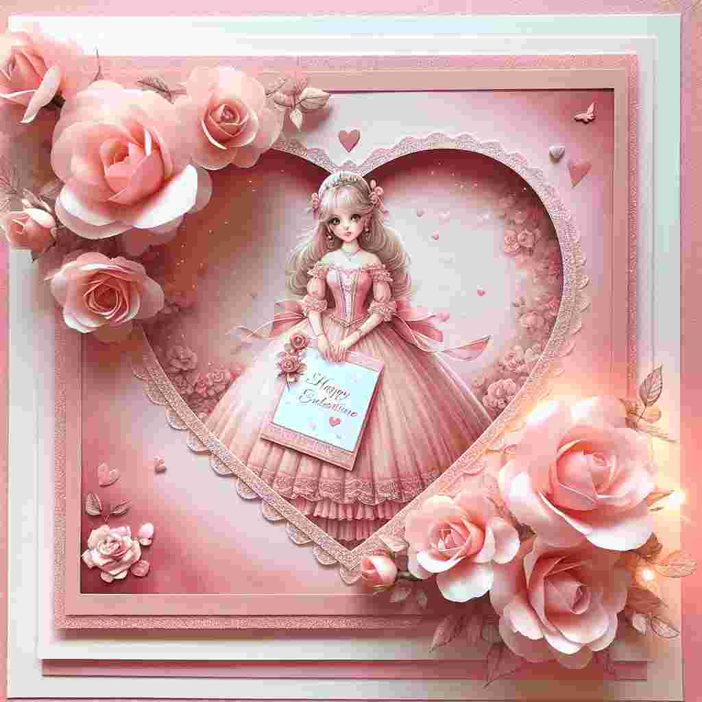 An appealing illustration portrays a generic doll as a princess, clad in a billowing pink dress. She's positioned within a heart-shaped border, enveloped by delicate roses and holding a holiday greeting card symbolizing affection. Soothing shades of pink prevail in the scene, complemented by faint glimmers and gentle lighting that depict a cozy, amorous ambiance.
Generated with these themes: Barbie, Princess, and Pink.
Made with ❤️ by AI.
