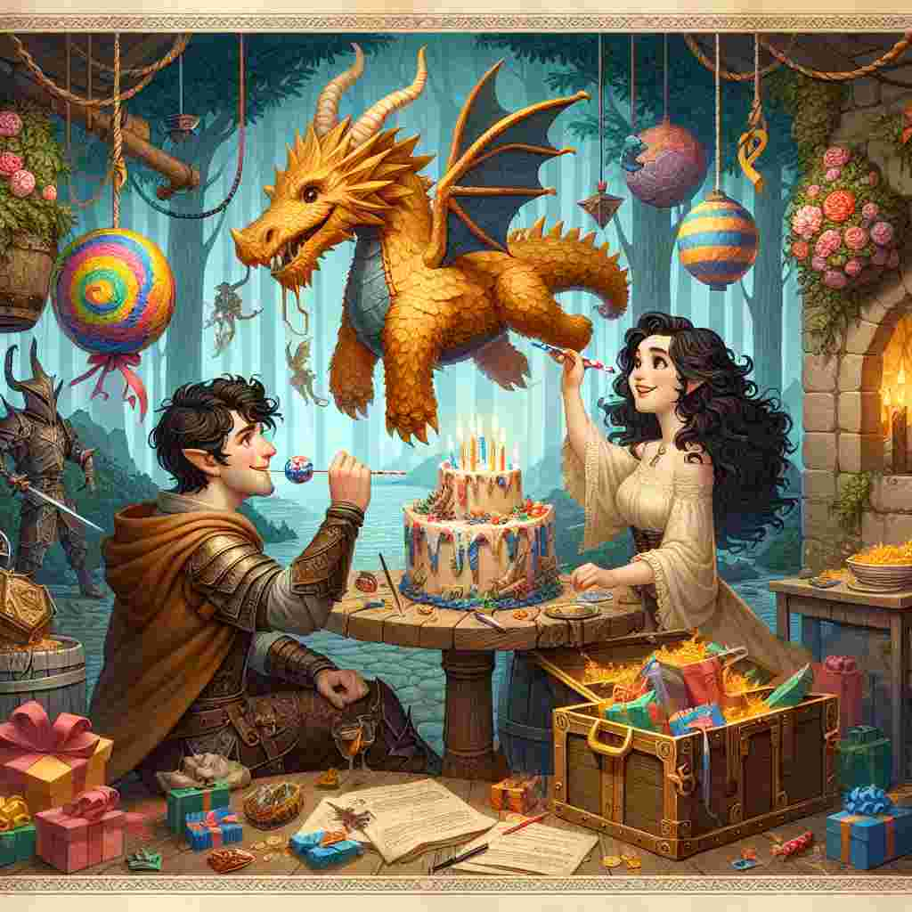 The birthday-themed artwork captures a whimsical moment where you and your boyfriend are adventuring in a DnD setting as characters resembling your real-life appearances, with him sporting dark hair and you with your distinctive dark curly hair. Enchanting details such as a dragon-shaped piñata and a treasure chest overflowing with presents and gold coins add to the celebratory vibe, while a mystical forest backdrop sets the adventurous tone.
Generated with these themes: Make it so that my boyfriend and I are dungeons and dragons characters. He has dark hair and I have dark curly hair. , and Dnd.
Made with ❤️ by AI.