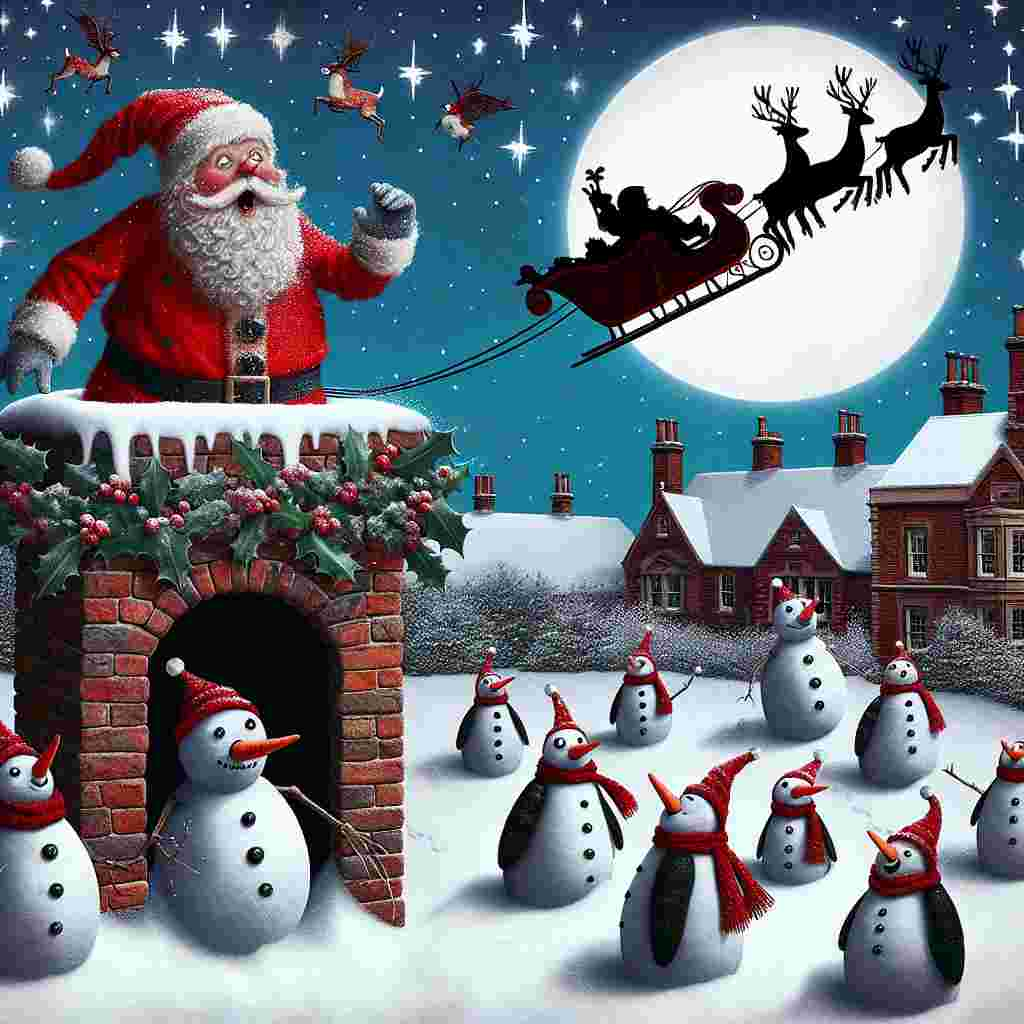 In this quirky, Christmas-themed cartoon, a flustered Father Christmas is amusingly jammed in the chimney, his red suit contrasting the white snow. A group of peculiar, misshapen snowmen with carrot noses bent in impossible angles watch, as a flying sleigh driven by penguins swoops overhead against a backdrop of stars shaped like holly leaves.
Generated with these themes: Father Christmas stuck in chimney.
Made with ❤️ by AI.