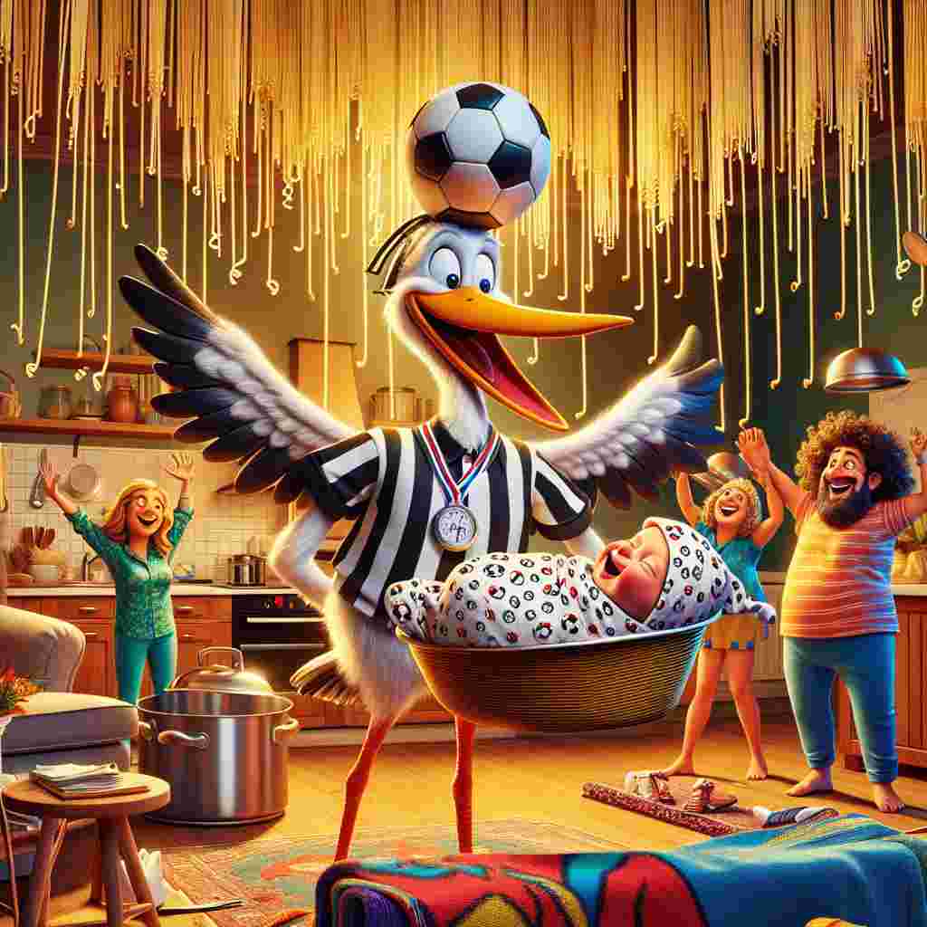 Depict a lively, animated scene with a delightfully cheery stork, equipped with a referee's whistle around its neck, gently bringing a baby swaddled in a warm blanket adorned with a design of footballs. The setting is a comfortable living room eccentrically adorned with spaghetti strands soaring through the air, creating a mesmerising backdrop. Engaging in a jovial game of hide and seek, the baby's family, from diverse ethnicities and genders, grace the room with their vibrant energy, using kitchen pots as playful disguises atop their heads.
Generated with these themes: Football, Loves eating pasta, and Playing hide and seek.
Made with ❤️ by AI.