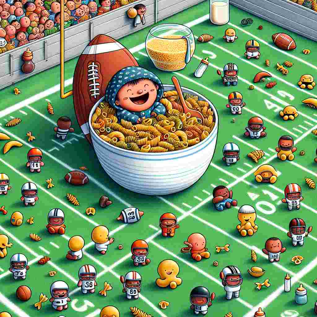 Illustrate a whimsical football field where tiny players, each shaped like different types of pasta, are playing hide and seek. There's a laughing infant, of South Asian descent, snuggled warmly in a football-patterned blanket, sitting on the sidelines and enjoying the game. A large bowl brimming with hot pasta is situated in the end zone, adding a comical touch to the scene. Hidden amongst the details are baby bottles and pacifiers, artfully concealed and scattered around the scene, waiting for attentive viewers to discover.
Generated with these themes: Football, Loves eating pasta, and Playing hide and seek.
Made with ❤️ by AI.