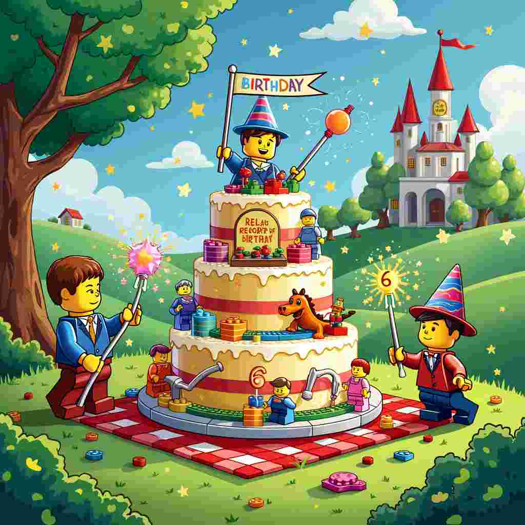 The front cover of the birthday greeting card is an energetic and whimsical cartoon scene blending the magic of Lego with fantastical elements. Picture a vibrant, lush park with rolling green hills and a crystal-clear blue sky dotted with fluffy white clouds. 

In the center of the scene, a grand birthday cake made entirely out of Lego bricks sits on a whimsical, oversized picnic blanket. The cake is an architectural marvel with six tiers, each decorated with colorful Lego figurines performing magic tricks. Some figurines are pulling rabbits out of hats, others are casting spells with Lego wands that sparkle with tiny plastic stars. 

Reuben, Louie, and Joey are depicted as cartoon characters in the style reminiscent of a blend between Peanuts and Calvin and Hobbes. They are joyfully interacting with the magical Lego characters. Reuben is waving a Lego wand, causing a shower of star-shaped Lego pieces to burst out, spelling “Happy Birthday” in mid-air. Louie is wearing a wizard hat and cape made out of Lego bricks, concentrating hard as he levitates a bunch of Lego balloons in the shape of the number "6". Joey is laughing and riding a Lego dragon, which is spewing confetti instead of fire. 

In the background, there's a Lego-built castle with a turret that has a banner fluttering in the wind, reading "Reuben, Louie, and Joey" in colorful block letters. The banner is held by two Lego knights who are saluting the birthday trio.

Further adding to the playful chaos, you can see a tree with its leaves made of Lego pieces. From one of its branches hangs a sign with another birthday message, and sitting under the tree is a Lego-built magician with a top hat, pulling a string of endless Lego scarves. The whole scene is surrounded by a border of magic sparkles and little Lego pieces, giving it a framed effect. 

This birthday card cover is a lively, detailed tableau that celebrates the intersection of childhood imagination, the enchantment of magic, and the playful construction of Lego, all while honoring Reuben, Louie, and Joey.
Generated with these themes: Lego, Magic, and 6.
Made with ❤️ by AI.