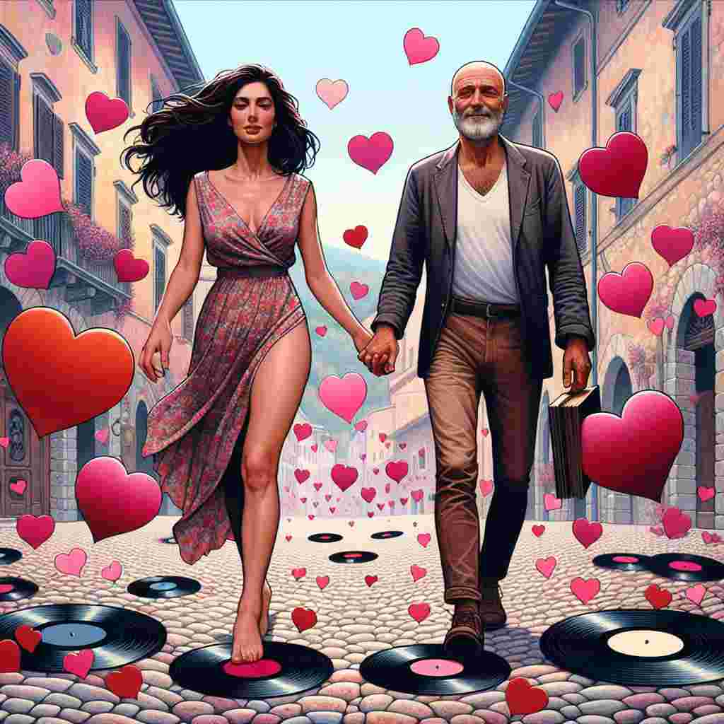 Create a captivating illustration of Valentine's Day set in the picturesque backdrop of Italy. Feature a middle-aged Caucasian couple at the center of the image - a bald-headed, slightly bearded man radiating warmth, walking hand-in-hand with a slightly voluptuous brunette woman with shoulder-length hair blowing in the breeze. Have an abundance of pink and red hearts float organically around them, symbolizing love. Include vinyl records scattered on the cobblestone path, hinting at the couple's shared passion for music, creating a nostalgic and timeless atmosphere.
Generated with these themes: White middle aged couple. bald headed man with slight beard. shoulder length brunette haired lady, slightly chubby , Walking, Vinyl records, Italy, and Love.
Made with ❤️ by AI.