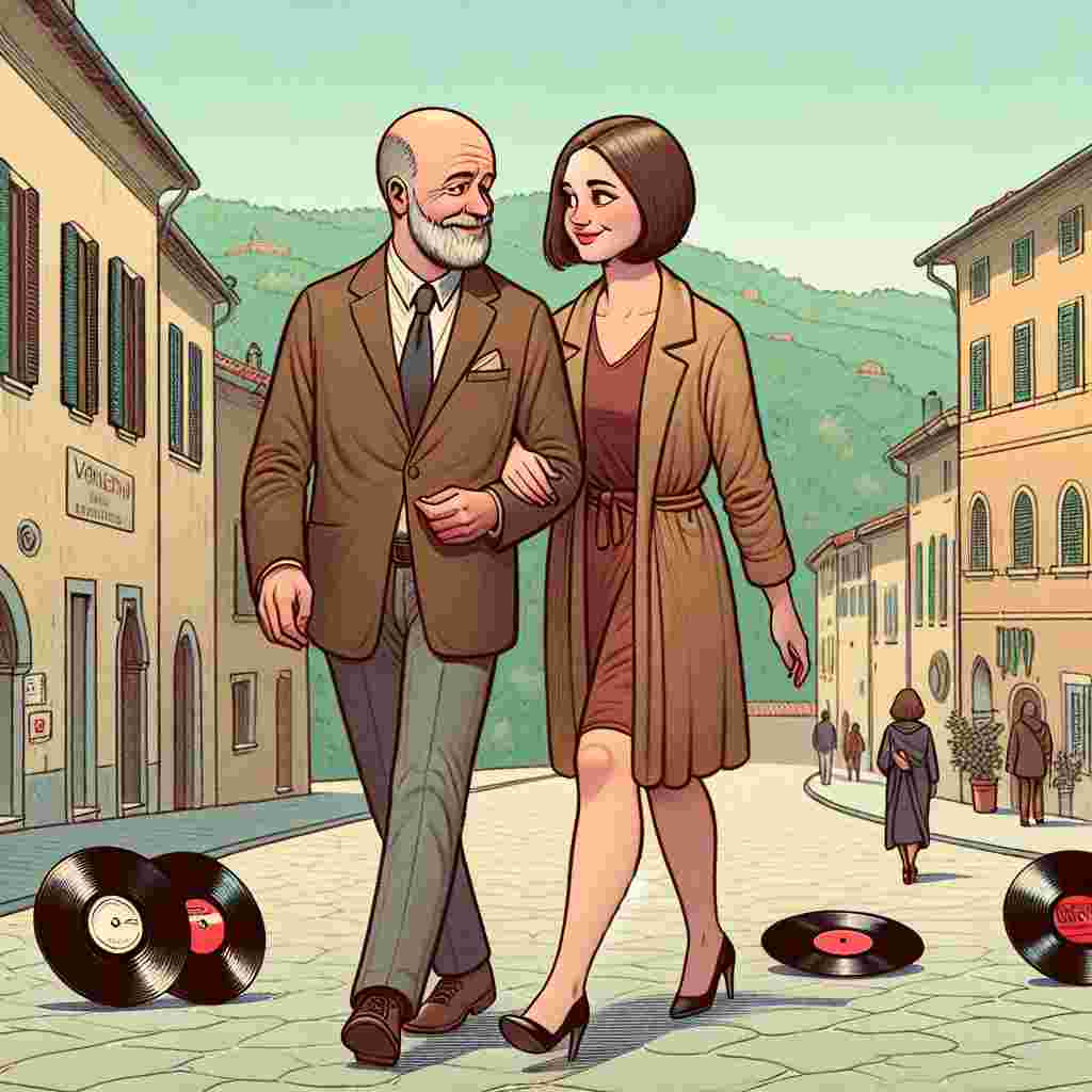 A delightful illustration capturing the spirit of Valentine's Day set against a scenic Italian backdrop. Depict a middle-aged Caucasian couple, characterized by the man's bald head and groomed beard, and the woman's shoulder-length brunette hair and slightly fuller figure. The couple is shown mid-stroll, exchanging warm, loving glances, symbolizing their strong companionship. Surrounding them on their path are vinyl records, indicating their shared love for music. This entire scene radiates a subtle but palpable aura of love and shared interests.
Generated with these themes: White middle aged couple. bald headed man with slight beard. shoulder length brunette haired lady, slightly chubby , Walking, Vinyl records, Italy, and Love.
Made with ❤️ by AI.