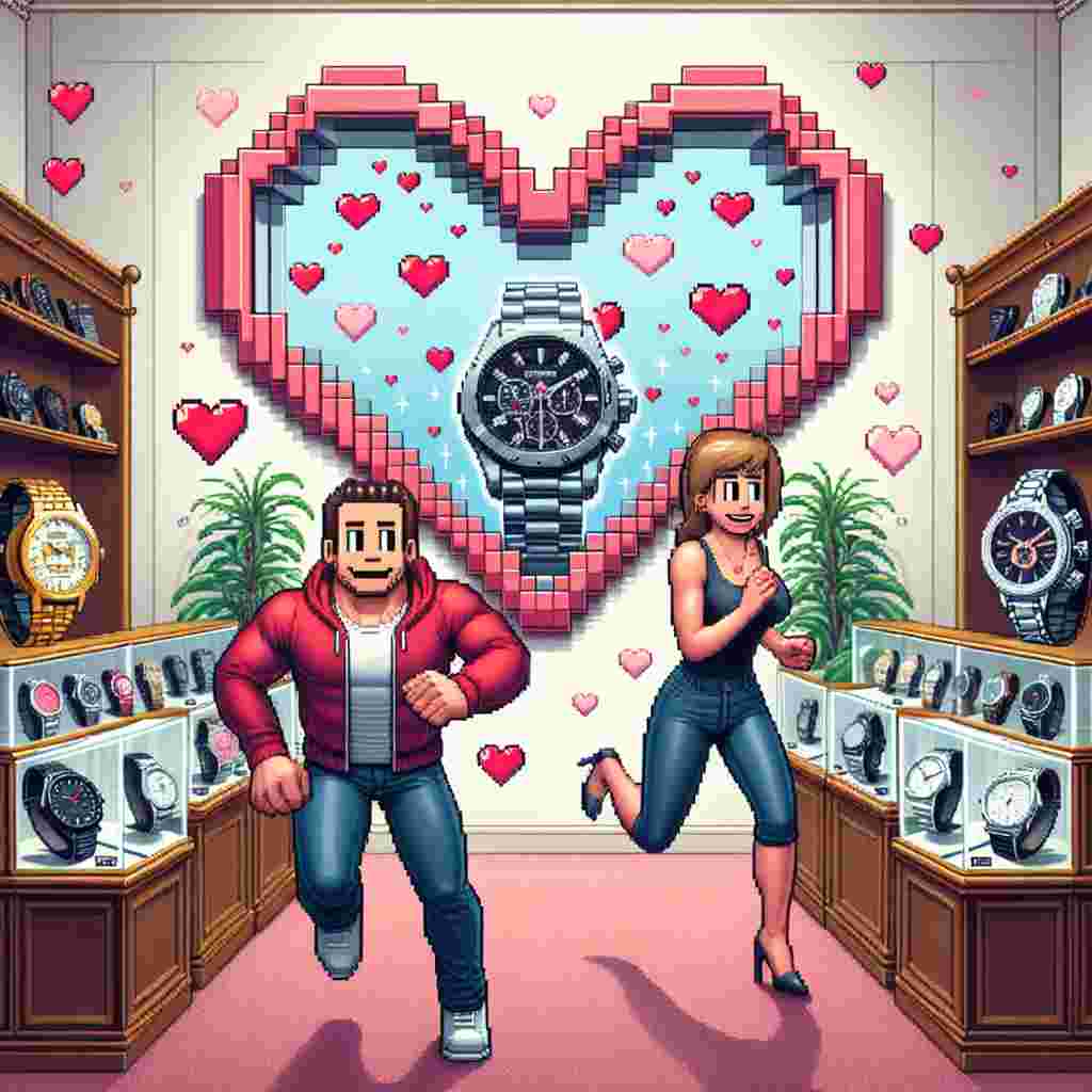 Create an image illustrating a humorous situation where two pixelated video game characters, one masculine and the other feminine, transition from their digital world, escaping through a heart-shaped portal. They find themselves in a luxurious watch store, decked out in elaborate Valentine's day decor. The environment is filled with heart motifs – love-struck timepiece designs, and heart-shaped price tags featuring playful time and gaming related puns. The characters appear amused and confused as they try on oversized, extravagant watches, creating a comically mismatched spectacle.
Generated with these themes: Gaming, and Watches.
Made with ❤️ by AI.