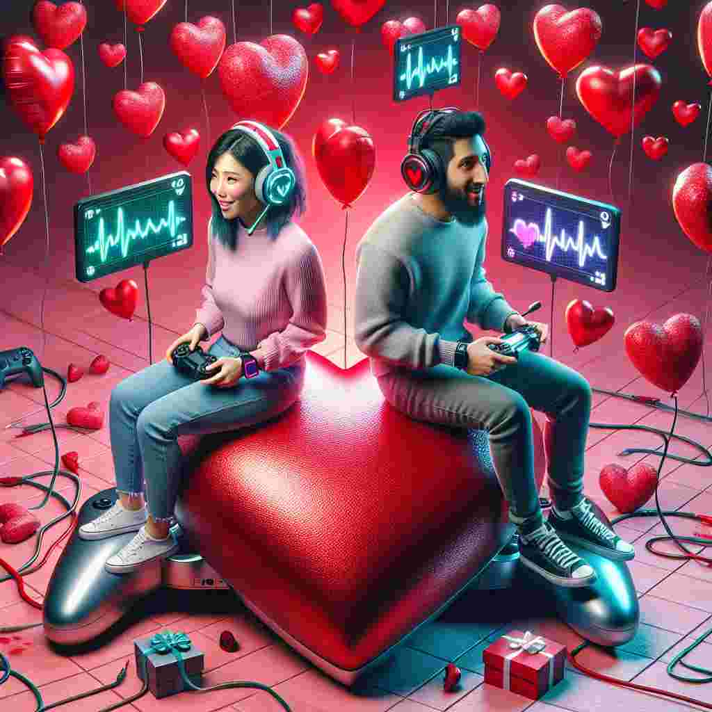 An image depicts an Asian woman and a Middle-Eastern man sitting on a large, heart-shaped gaming console. They are situated in a vibrant room cascading with heart balloons, both wearing oversized gaming headsets and holding controllers, indulging in a lively game. Each of them sports a smartwatch on their wrist displaying heartbeats in synchronization, serving as a testament to their connection. Digital heart icons and Valentine's Day amenities adorning the room integrate the elements of affection and gaming smoothy.
Generated with these themes: Gaming, and Watches.
Made with ❤️ by AI.