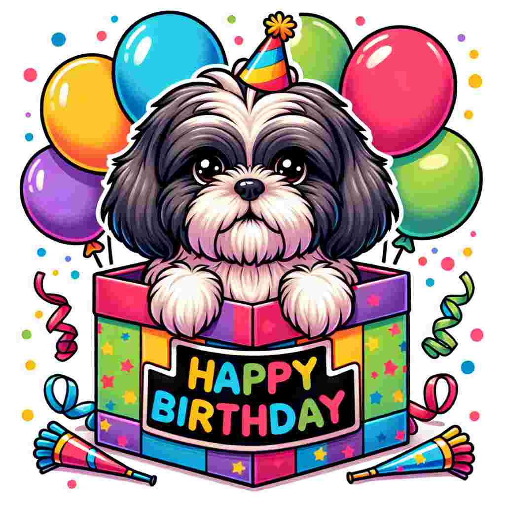 A cartoon-style drawing displaying a Shih Tzu in a festive birthday box, surrounded by balloons and party horns. The dog is tilting its head cutely as paws rest on a banner in front, which reads 'Happy Birthday' in bold, colorful letters.
Generated with these themes: Shih Tzu  .
Made with ❤️ by AI.