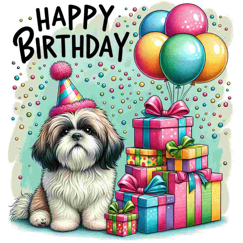 A whimsical birthday card featuring a fluffy Shih Tzu wearing a party hat sitting beside a mountain of colorful wrapped gifts. Balloons float above as confetti dots the air. The bold text 'Happy Birthday' arches over the scene in a cheerful font.
Generated with these themes: Shih Tzu  .
Made with ❤️ by AI.