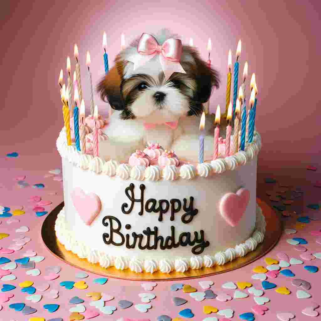 An adorable scene where a Shih Tzu puppy with a bow around its neck peeks out from a large birthday cake with lit candles on top. 'Happy Birthday' is spelled out in icing on the cake's base, amidst a sprinkle of heart-shaped confetti.
Generated with these themes: Shih Tzu  .
Made with ❤️ by AI.