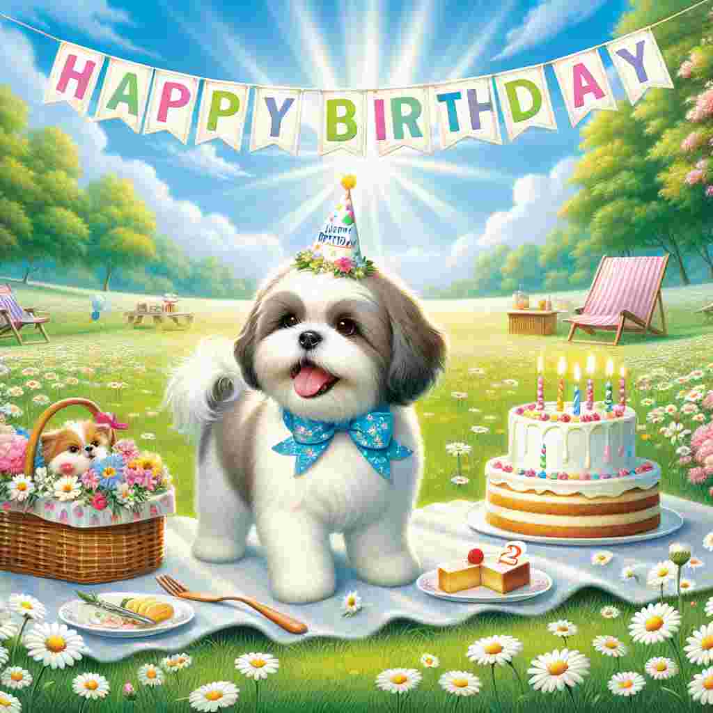 A serene park setting with a playful Shih Tzu adorned with a birthday ribbon, frolicking among a field of daisies. A picnic set with a small cake has the words 'Happy Birthday' written on a banner above, with a clear blue sky in the background.
Generated with these themes: Shih Tzu  .
Made with ❤️ by AI.