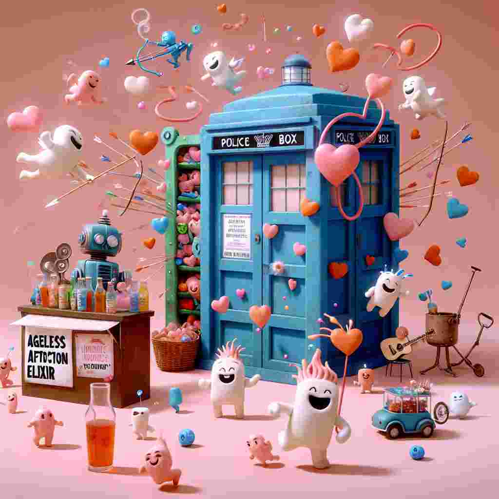 An animated scene unfolded in a whimsical style, featuring a unique vintage police box decorated with brightly colored hearts and ribbons against a blush-toned backdrop. Inside this box, a pair of laughing imaginary creatures, small and marshmallow-like, are engaged in a miniature game of soccer, their joyous laughter blending with the applause from a small, excited crowd of assorted playful alien creatures. Serving as a beverage vendor at a side stall, a robot with a 'plunger-like' device on one arm hands out quirky, neon-lit bottles labeled 'Ageless Affection Elixir'. Floating above, a group of illustrated musicians humorously portrayed as musical cherubs strum heart-shaped guitars, filling the scene with the upbeat tune of a catchy, timeless song, surrounded by robot-like creatures playfully dressed as cupids, firing arrows that spark joy rather than evoke fear.
Generated with these themes: Dr who, Football, Depeche Mode, Energy drinks, and Funny.
Made with ❤️ by AI.