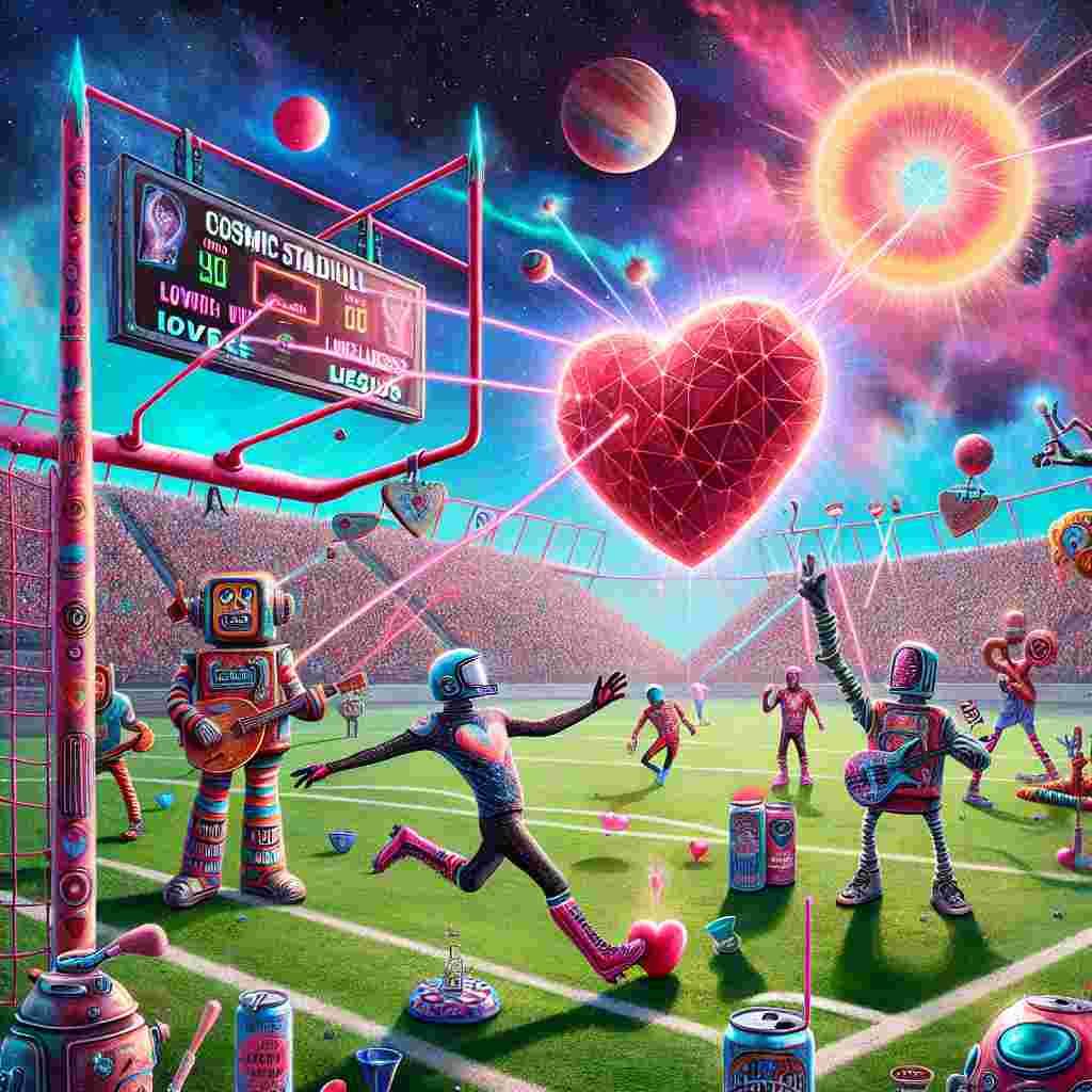 Imagine a friendly and dedicated game of football taking place in a novel cosmic stadium that's morphing into a Valentine's theme. This unique stadium has goalposts shaped like intricately designed interlocking triangles, symbolizing unity. One of the players, an eccentric time-traveler clad in a football jersey, is kicking a heart-shaped ball towards a thrilled crowd of enthusiastic spectators comprised of imaginative animated band members with kitschy space boots, who simultaneously perform a special rendition of a popular song titled 'Personal Jesus'. The sky overhead has the colorful vibrancy of a label from a popular energy drink can, casting an unusual, fizzy glow over the scene. Along the sidelines, interesting and playful robot-like characters named 'Love machines' offer sips from cans humorously shaped like iconic handheld tools. The scoreboard, filled with a sense of humor, flashes pun-like football scores such as 'Love: Infinite, Loneliness: 0'. Adding to the merriment, witty banners float through the air, with fun slogans like 'Score a Goal with Your Soul!', enhancing the overall Valentine's atmosphere.
Generated with these themes: Dr who, Football, Depeche Mode, Energy drinks, and Funny.
Made with ❤️ by AI.