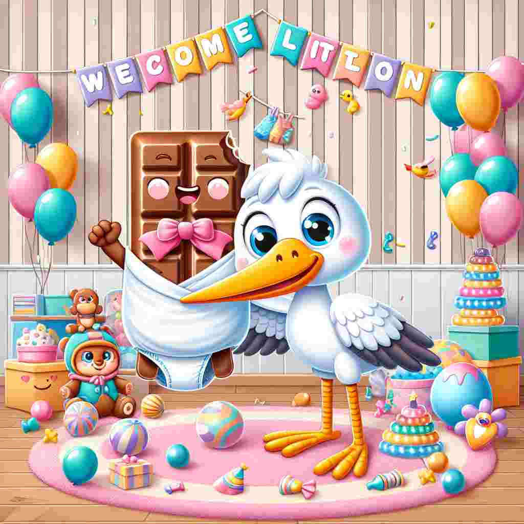 Generate a heartwarming cartoon scene featuring a stork in the center, holding a bundle of joy wrapped in a cozy, pastel-colored blanket. Behind the stork is a nursery room filled with colorful balloons, baby-themed toys, and a large, celebratory banner displaying the words 'Welcome Little One'. Among the various toys, there's a whimsical character that resembles a chocolate bar, complete with a beaming face, and it's wearing a diaper, adding a sweet and playful touch to the celebration.
Generated with these themes: Chocolate.
Made with ❤️ by AI.