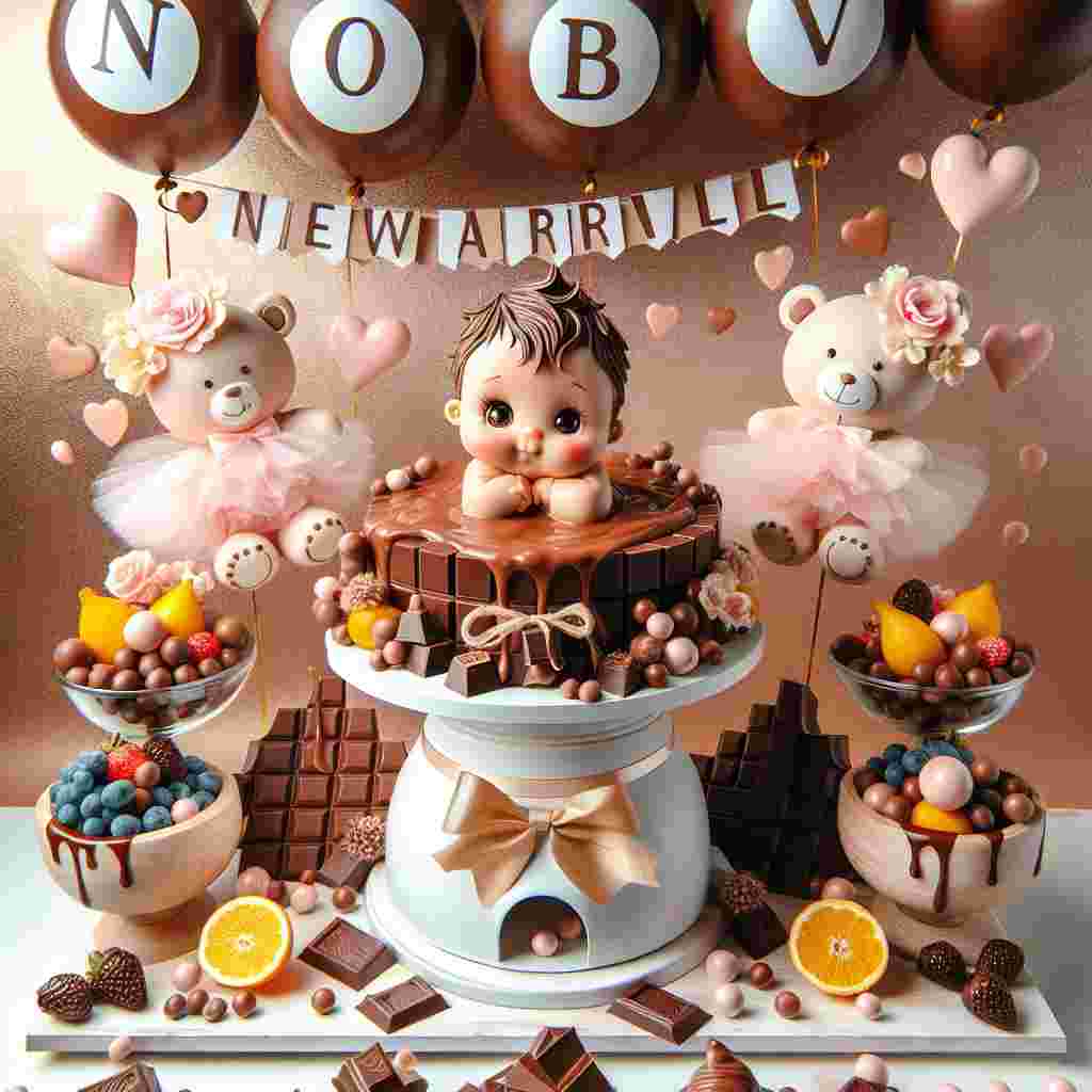 Create an image of a creative, chocolate-themed baby shower party with a touch of whimsy. In the centre, a charming, cartoon-style baby comfortably sits on a pile of enticing chocolate blocks, enveloped by decor of assorted fruits dipped in silky chocolate, and adorable stuffed animals tenderly gripping mini chocolate bars. The scene is elevated by floating chocolate chip balloons contributing to the playful atmosphere, and in the spotlight is a 'New Arrival' chocolate fondue fountain, showcasing the excitement and joy for the upcoming blessing.
Generated with these themes: Chocolate.
Made with ❤️ by AI.