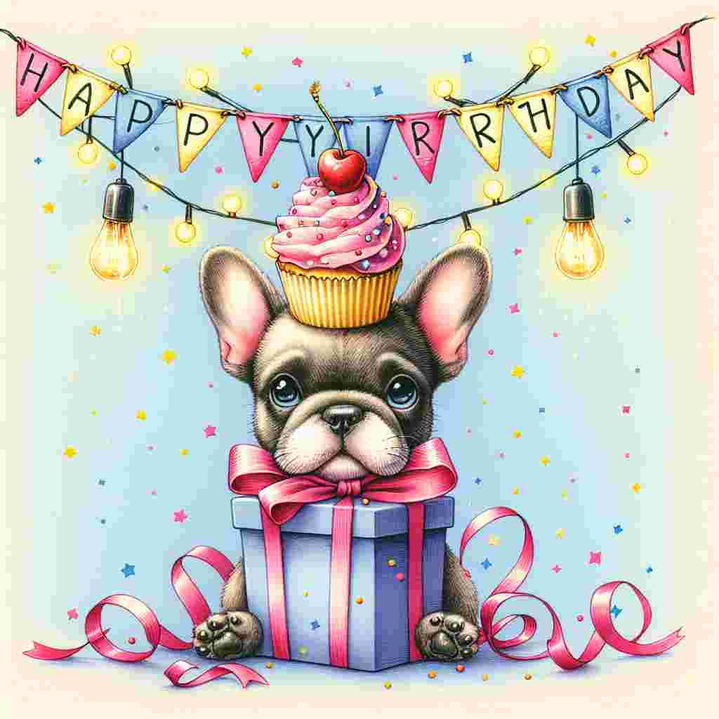 An endearing illustration of a French Bulldog with a birthday cupcake on its head, surrounded by party streamers. A banner strung above reads 'Happy Birthday', with each letter hanging from a string of fairy lights that adds a festive glow to the scene.
Generated with these themes: French Bulldog  .
Made with ❤️ by AI.