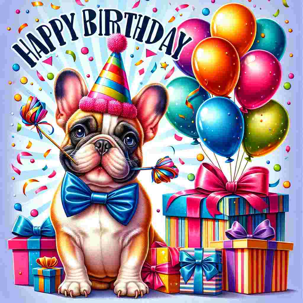 A colorful birthday card featuring a charming French Bulldog wearing a party hat and a bowtie sitting beside a pile of wrapped gifts. Balloons float in the background, and the words 'Happy Birthday' are scripted above in a playful font, framed by confetti.
Generated with these themes: French Bulldog  .
Made with ❤️ by AI.