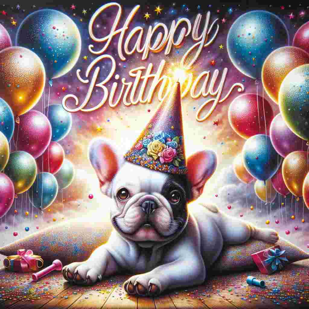 An adorable scene with a French Bulldog lying on its back, paws up, surrounded by colorful balloons and a birthday party hat on its nose. The words 'Happy Birthday' are prominently displayed in a whimsical font beside the cute pup.
Generated with these themes: French Bulldog  .
Made with ❤️ by AI.