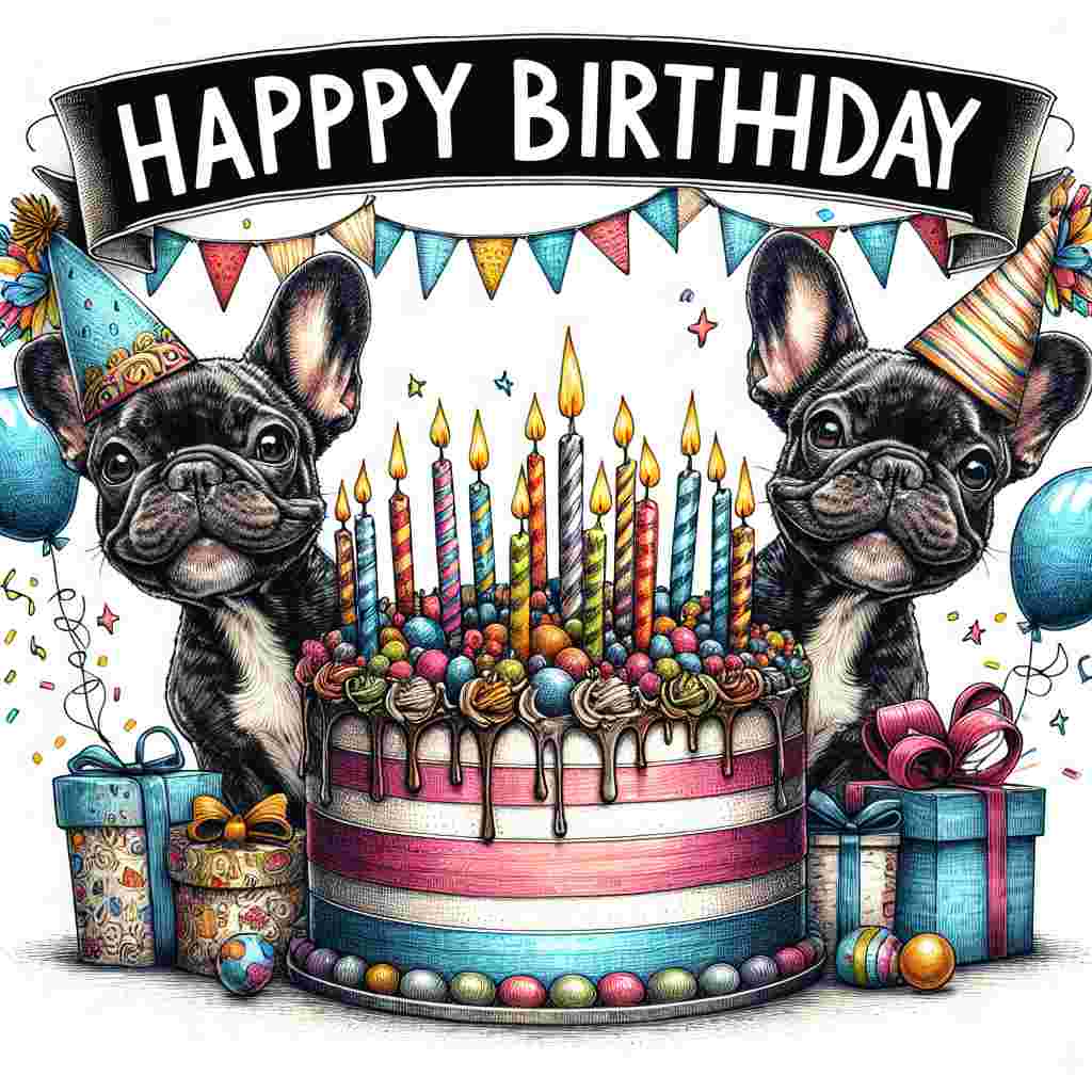 A playful French Bulldog peeking out from behind a giant birthday cake adorned with candles in the center of the card. Around the edges are illustrated birthday decorations, and 'Happy Birthday' is written in bold, cheerful lettering at the top.
Generated with these themes: French Bulldog  .
Made with ❤️ by AI.