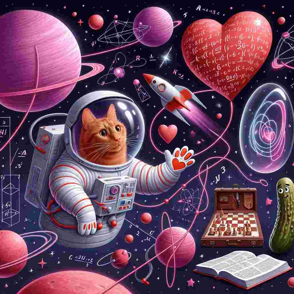 Create a playful cosmic scene featuring a ginger astronaut cat floating among pink and red planets inscribed with mathematical equations relating to quantum physics. This ginger feline, wearing a helmet shaped like a heart, extends its paw towards a nearby spaceship resembling a pickle. Seen through a window on the spacecraft, there's a widely opened Bible next to a chessboard prepared for a game. All these elements combine to represent a profound message about love surmounting temporal and spatial boundaries, an ideal representation for Valentine's Day.
Generated with these themes: Quantum physics , Space travel , Ginger cat, Pickles, Bible , and Chess.
Made with ❤️ by AI.