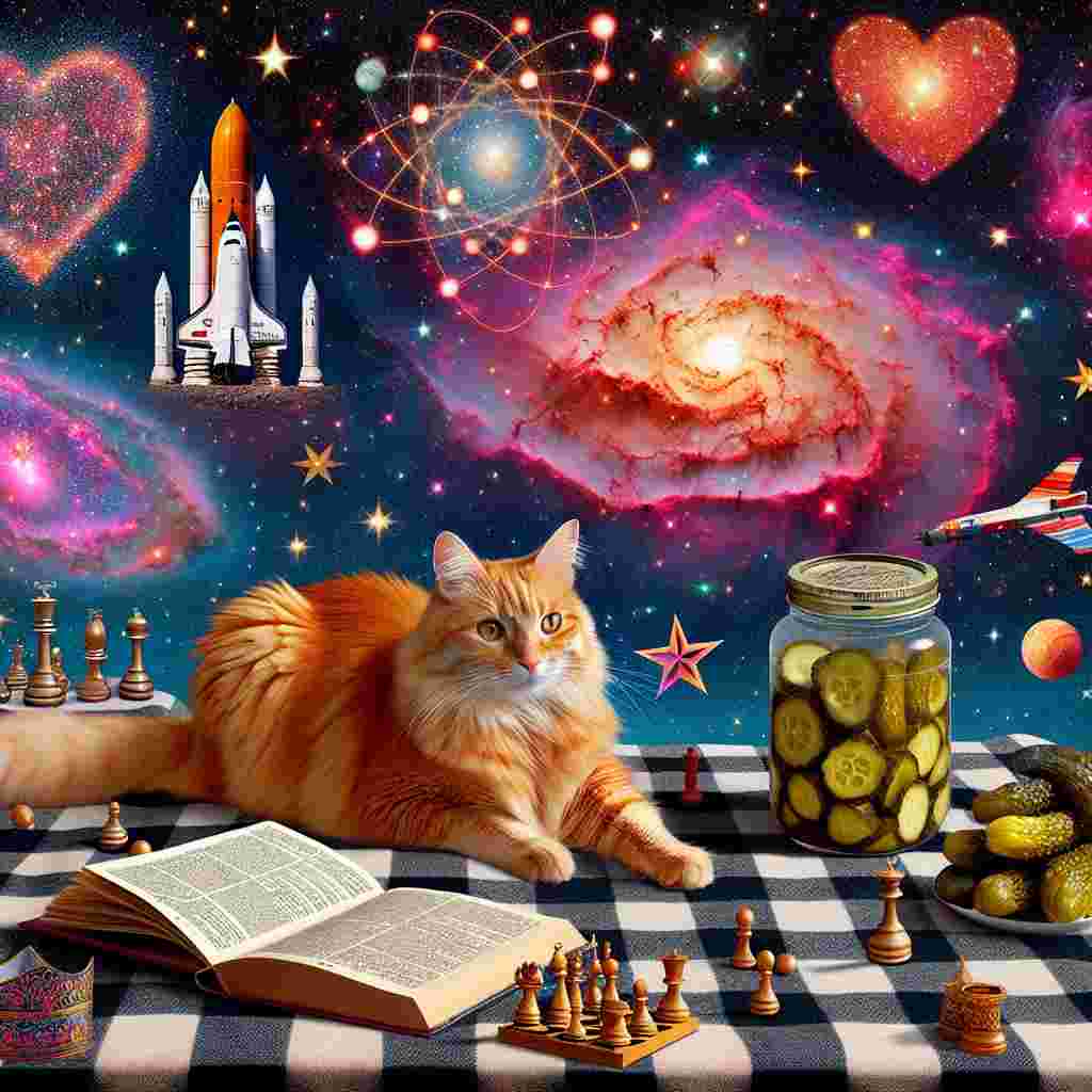 Visualize an enchanting ginger-hued cat sitting comfortably on a blanket with a checkerboard design, set beneath a sky speckled with stars. This feline appears deep in contemplation over the puzzles of quantum physics, symbolized by constellations in the shapes of hearts. Adjacent to the cat, there's a jar filled with pickles and an opened sacred religious book, hinting at an unconventional picnic taking place in the expanse of space. Hovering above a vibrant red and pink nebula is a floating chess piece, and a rocket decorated with symbols of love cruises across the celestial realm, encapsulating the concept of combining space exploration with affection.
Generated with these themes: Quantum physics , Space travel , Ginger cat, Pickles, Bible , and Chess.
Made with ❤️ by AI.