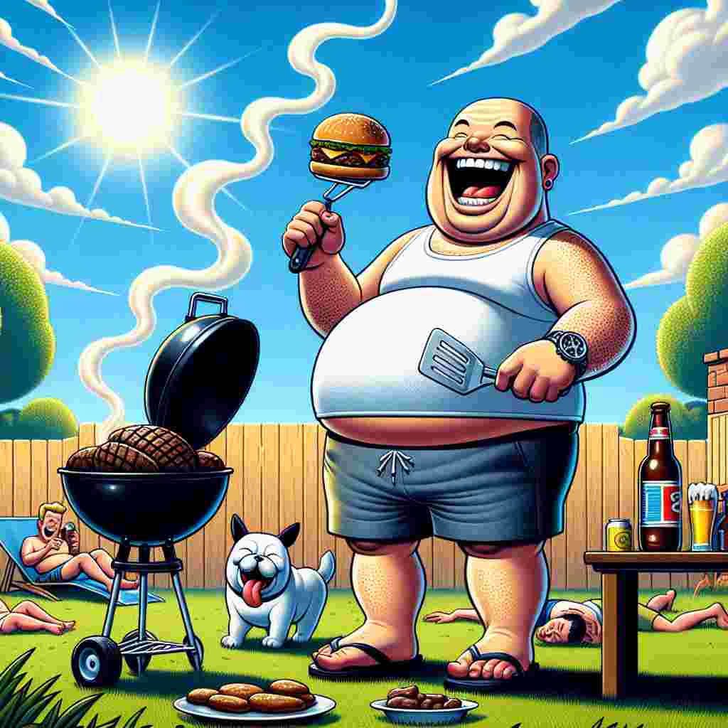 A cartoon illustration set against a clear blue sky and lush green yard stands. The scene suggests a classic father's day without the actual depiction of the dad. His presence is rather implied through the elements around; a large white dog joyfully plays in the grass, a charcoal grill emits swirls of smoke indicating an ongoing barbecue. A chubby, bald caricature, presumably of Southeast Asian descent, holds a spatula, smiling wide as he flips burgers. Laughter reverberates in the air, a chilled beer sits on a lawn table next to a sporty wristwatch, all while the noises of a football match echo from the outdoor TV. It encapsulates the perfect day of a dad relaxing, feasting, and delighting in the match outside.
Generated with these themes: Beer, Watching football, Eating, Big white dog, Black beard, Bbq, Bald fat man, Relaxing, Outside, and Laughing.
Made with ❤️ by AI.