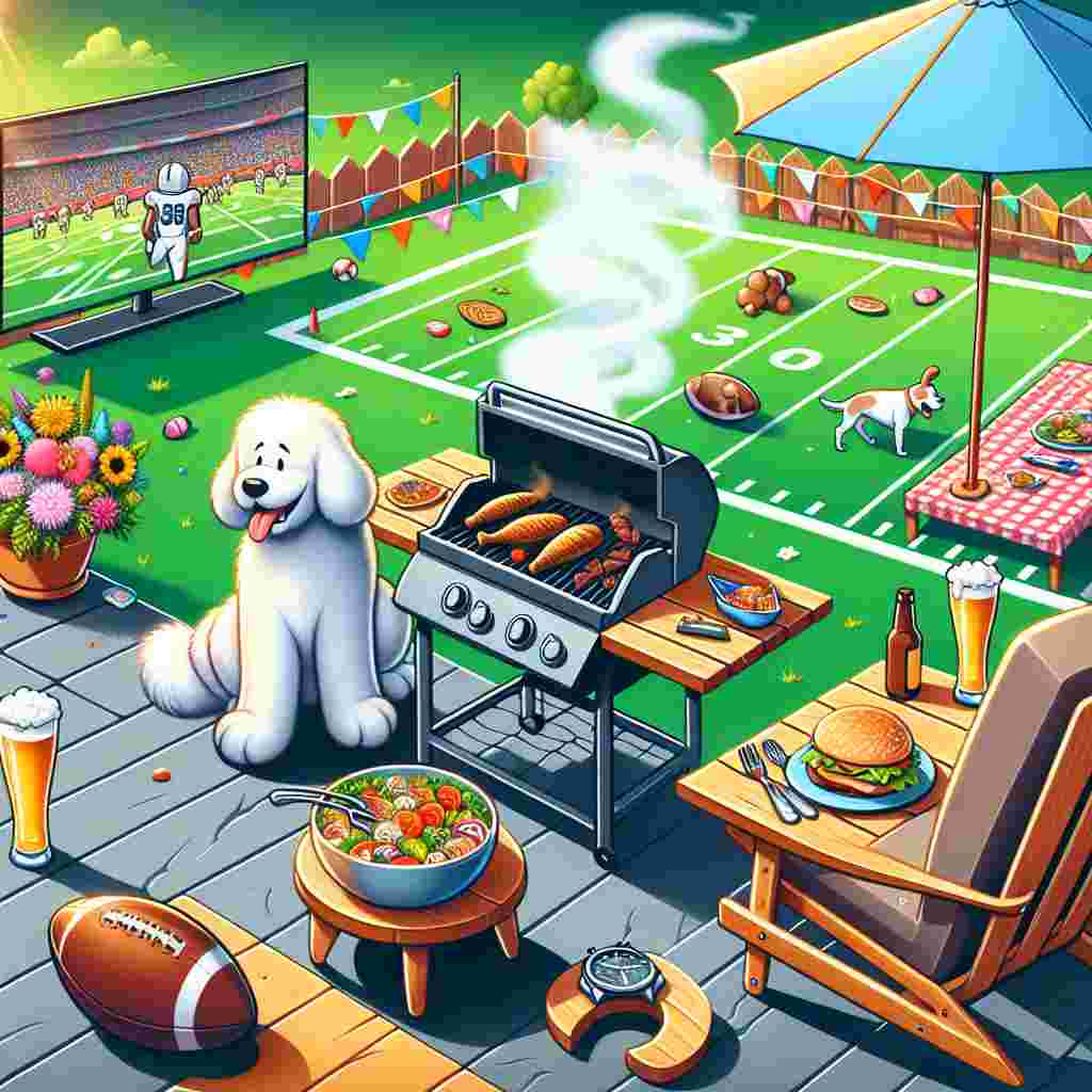 Visualize a sunny outdoor scene on Father's Day with a festive vibe. In the center, there's a barbecue, billowing gentle smoke, surrounded by various delicious foods on a nearby table. A large, playful, fluffy white dog is nearby, its tail wagging enthusiastically. A big, comfy chair is positioned facing a screen showing an energetic football game, signifying a day of relaxation. The ground is adorned with vibrant party decorations. A cold beer sits on a handy side table next to a wristwatch, symbolizing a day off. Sounds of laughter resonate throughout the scene, contributing to a warm, convivial atmosphere.
Generated with these themes: Beer, Watching football, Eating, Big white dog, Black beard, Bbq, Bald fat man, Relaxing, Outside, and Laughing.
Made with ❤️ by AI.