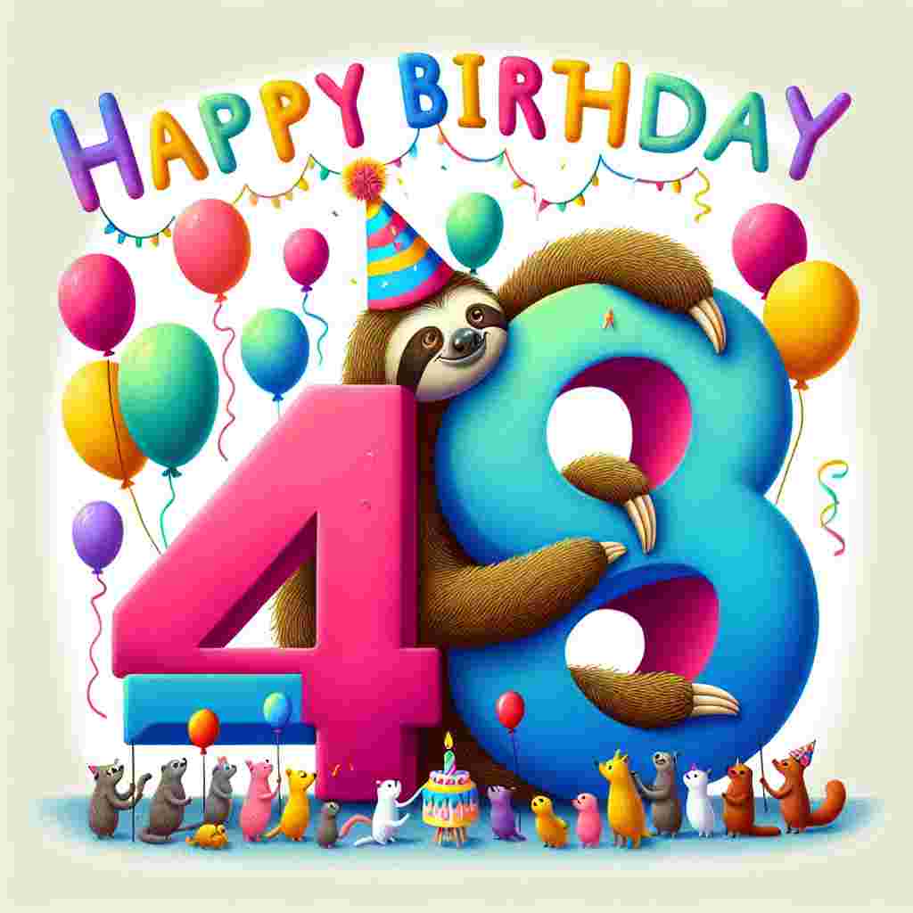 A whimsical drawing of a sloth wearing a party hat, lounging atop a giant, colorful number '48' which is decorated with balloons and streamers. Above, in cheerful lettering, is the text 'Happy Birthday,' as a group of small animals gather around to celebrate.
Generated with these themes: 48th  .
Made with ❤️ by AI.