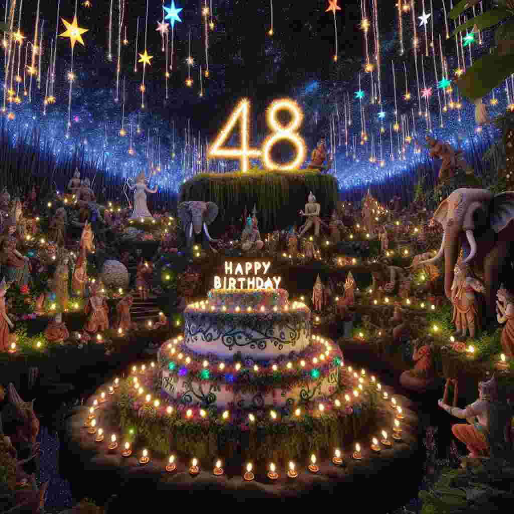 A charming image of a fantasy garden filled with fairy-tale creatures gathered around a large cake shaped like the number '48.' Twinkling lights and flower garlands enhance the atmosphere, and the 'Happy Birthday' message appears to be spelled out by fireflies in the night sky.
Generated with these themes: 48th  .
Made with ❤️ by AI.