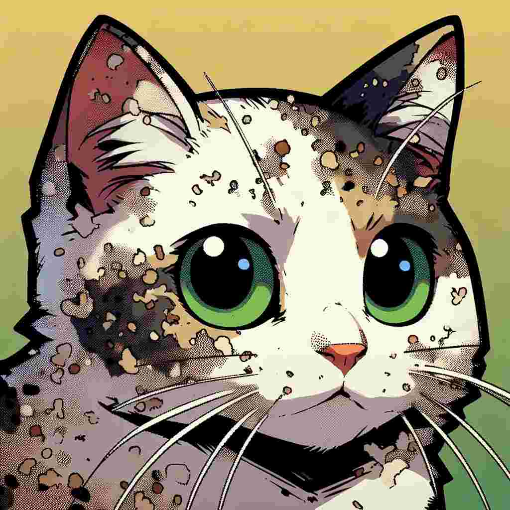 Visualize a cartoon scene with an unspecified background. Within this backdrop, insert an average-built Domestic Shorthair Cat that blends harmoniously with the setting. The cat should stand out with its distinctive white fur marked by splattered patches of brown and black, lending it a distinctive appearance. The bright green eyes of the feline should be prominent in the image, expressing an aura of intelligence and playful charm synonymous with its cartoon environment.
.
Made with ❤️ by AI.