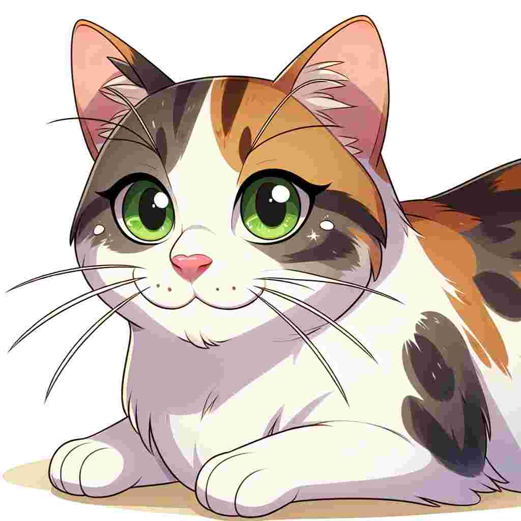Depict a cartoon scene where an adult Domestic Shorthair Cat with a normal build and a pristine white coat mottled with brown and black patches takes the focal point. The cat's vibrant green eyes should shimmer with intrigue and friendliness, enlivening the vague surroundings of the cartoon universe.
.
Made with ❤️ by AI.