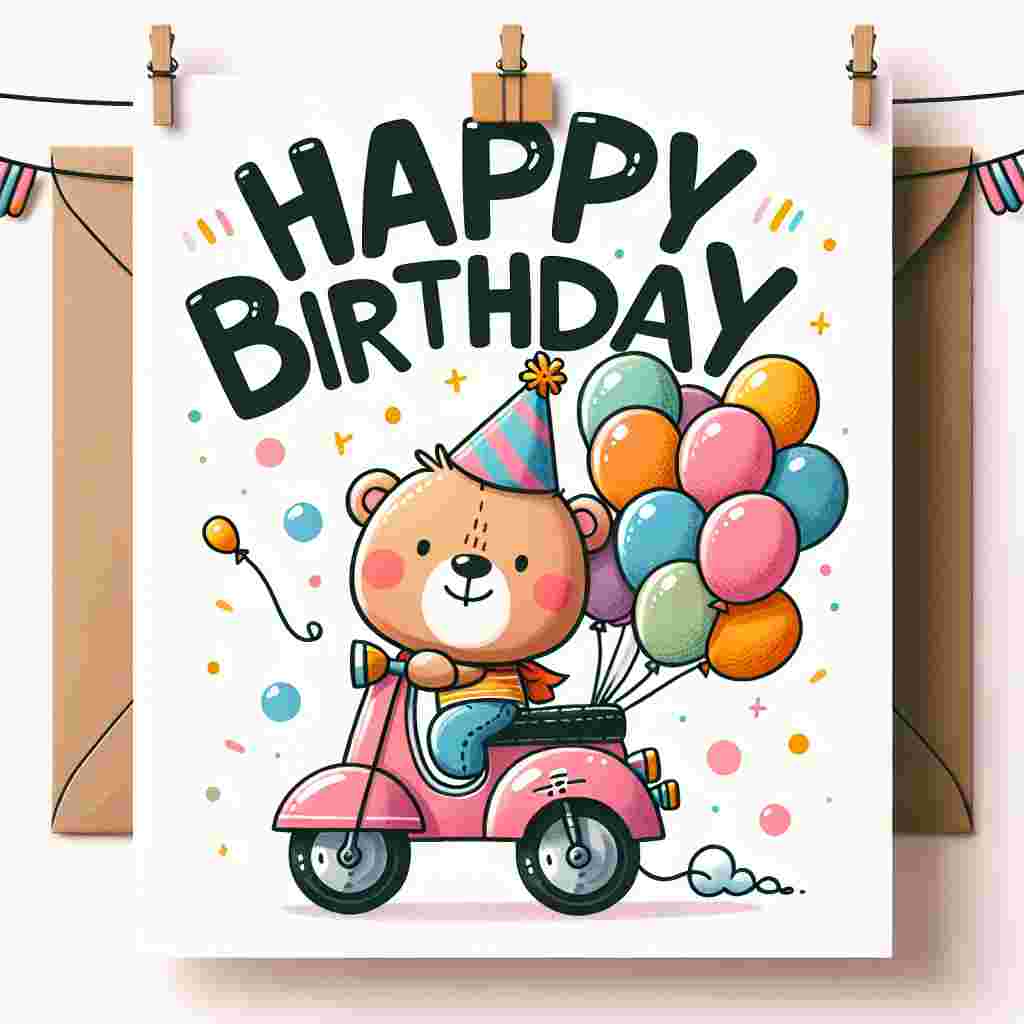 A colorful cartoon-style birthday card featuring an adorable bear wearing a party hat, joyously riding a tiny motorbike with balloons tied to it. The words 'Happy Birthday' are boldly displayed in a playful font at the top of the card.
Generated with these themes: motorbike  .
Made with ❤️ by AI.