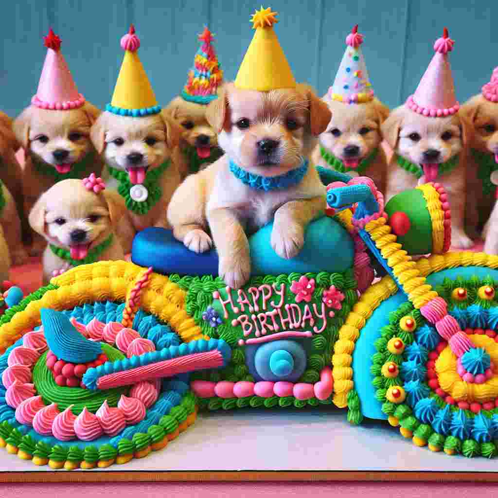 A vibrant drawing of a group of playful puppies in party hats, one of which sits on a motorbike made out of cake and icing. Across the motorbike's seat, the greeting 'Happy Birthday' is whimsically frosted.
Generated with these themes: motorbike  .
Made with ❤️ by AI.