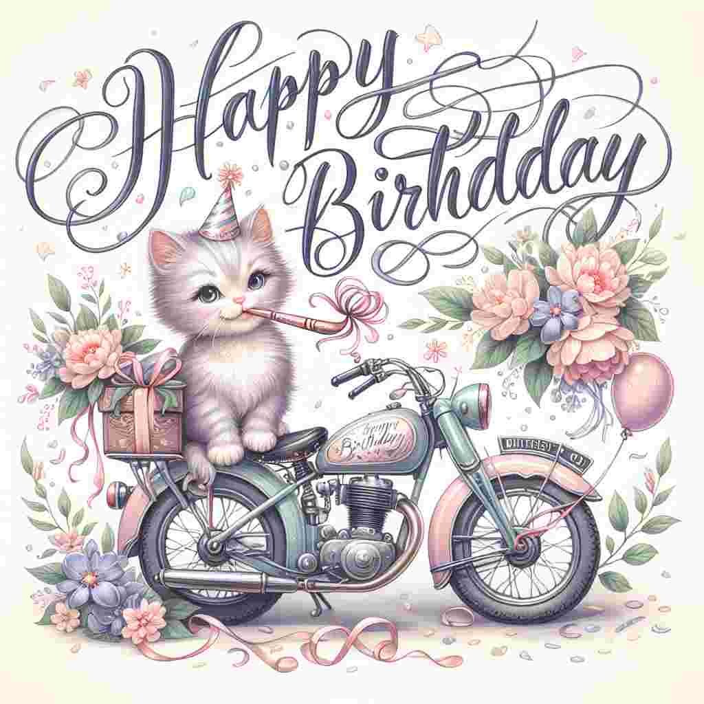 A pastel-hued illustration showcases a cute kitten with a party horn in its mouth, perched on a vintage motorbike that's adorned with streamers and flowers. Above them, 'Happy Birthday' is written in elegant cursive surrounded by a sprinkle of confetti.
Generated with these themes: motorbike  .
Made with ❤️ by AI.