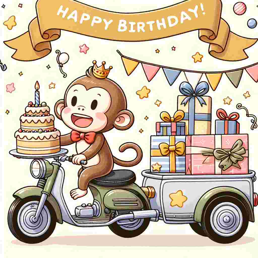 A charming scene where a cheerful monkey in a bow tie delivers a birthday cake on a motorbike with a small sidecar. The sidecar is filled with gifts and a banner above them flutters with the phrase 'Happy Birthday'.
Generated with these themes: motorbike  .
Made with ❤️ by AI.