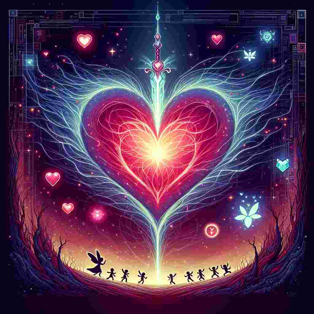 Generate an affectionate vector illustration that embodies the love on Valentine's Day. Picture a centralized heart radiating with the vibrant glow akin to a futuristic energy blade. It is intersected by a notable fantasy sword, symbolizing the blend of two contrasting universes. Around this, imagine a group of lovable forest dwelling creatures and small, childlike fairy folk merrily interacting with heart-shaped and jewel-like objects floating above them. The entire scene is framed against the subtle tones of a twilight filled with digital code elements.
Generated with these themes: Coding starwars zelda.
Made with ❤️ by AI.