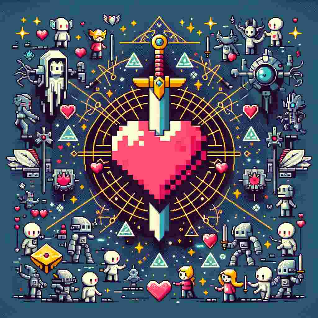 Imagine a charming and whimsical Valentine's Day theme in a vector art style. The central image is a pixelated heart, entwined with a sci-fi styled sword, merging the aesthetics of classic adventure video games and cosmic opera elements. Surrounding this primary image, miniature robotic figures and mythical creatures exchange heart-shaped tokens, imbuing a sense of fantastical intermingling. The background is filled with a sprinkling of stars and arcane triangular symbols, creating a playful coding universe ambiance that is both romantic and imaginative.
Generated with these themes: Coding starwars zelda.
Made with ❤️ by AI.