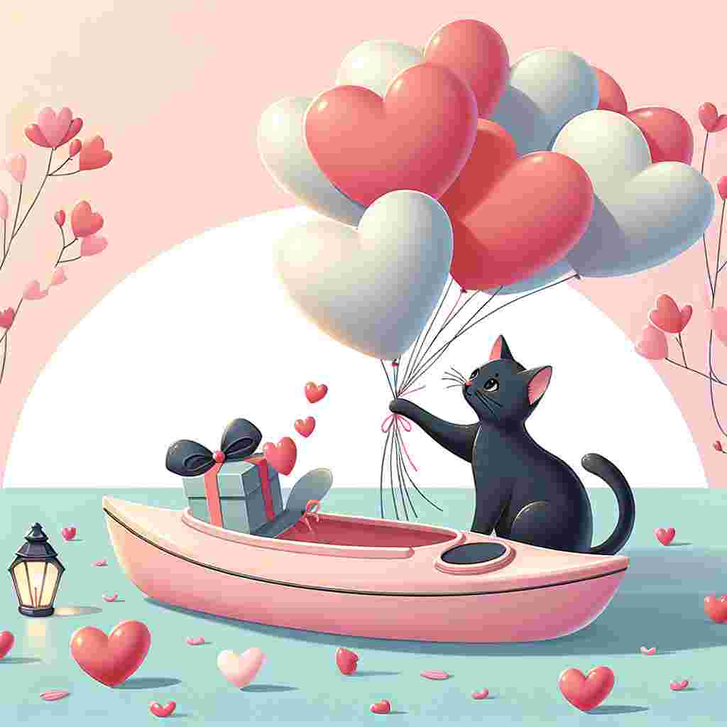 Illustrate a tender Valentine's Day scene. A bright pastel setting forms the backdrop with gentle ripples on the water's surface. In the foreground, we see a sleek black cat playfully pawing at the heart-shaped balloons tied to a small and cozy kayak. The overall picture radiates a sense of gentle playfulness and love, characteristic of this special day.
Generated with these themes: Black cat, and Kayak.
Made with ❤️ by AI.