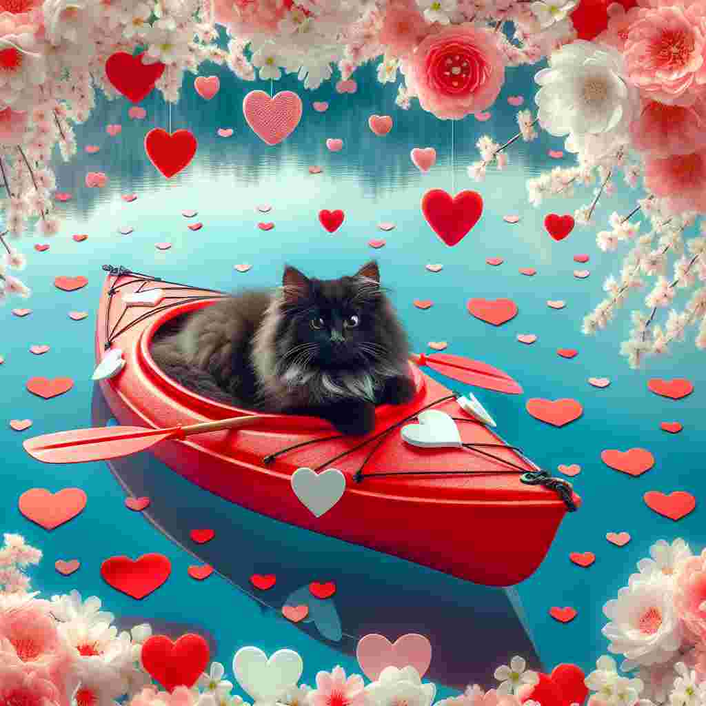 Create an enchanting image for Valentine's Day that showcases a fluffy black cat seated snugly within a vibrant red kayak adorned with crisp white hearts. Imagine the kayak smoothly drifting on a tranquil blue lake that is bordered by pastel pink and bright white blossoms, imbuing the environment with an unmistakable aura of love and celebration.
Generated with these themes: Black cat, and Kayak.
Made with ❤️ by AI.