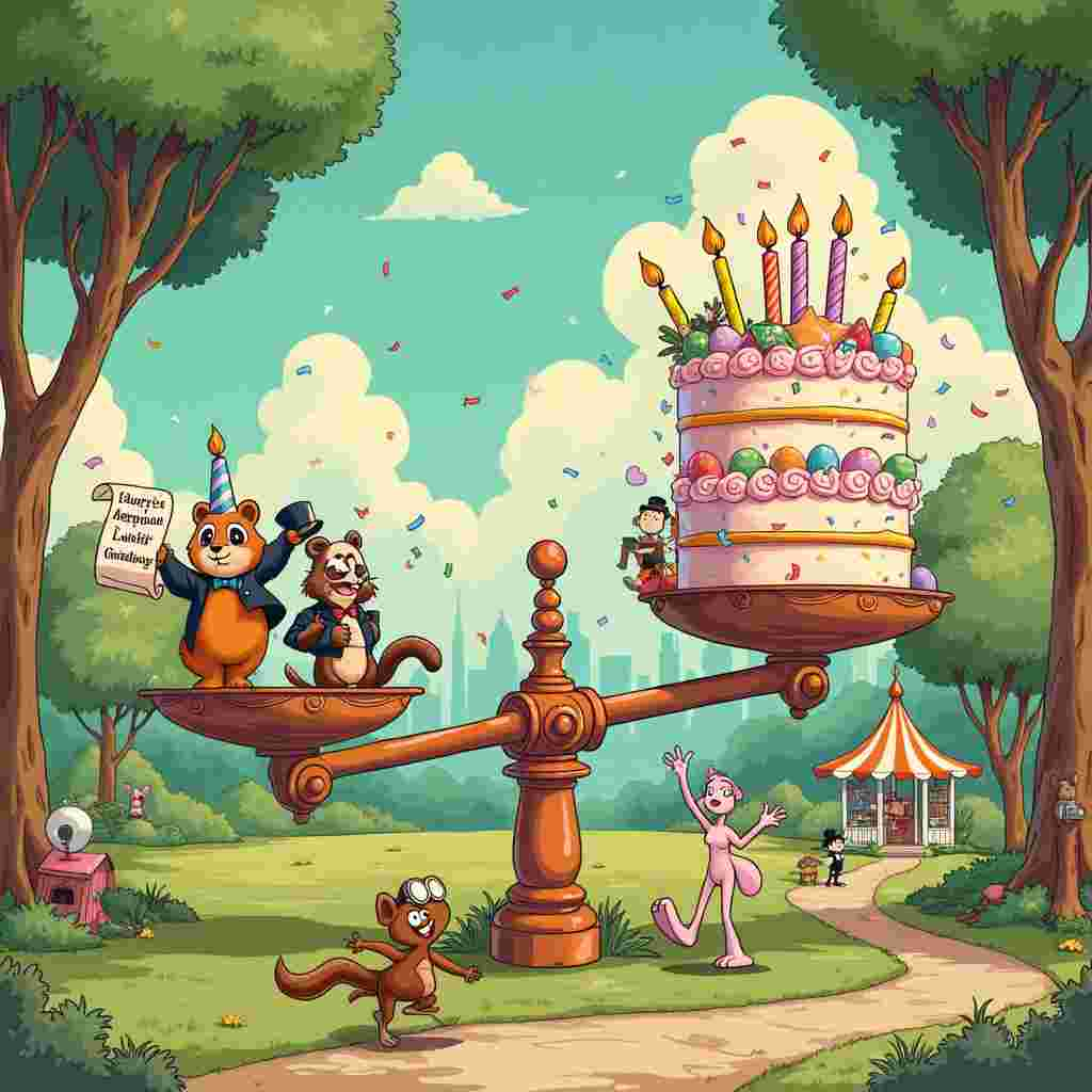 The scene is set in a whimsical park on a bright and sunny day. The focal point is a giant set of balancing scales right in the middle, whimsically resembling those often associated with the Libra zodiac sign. One side of the scales holds an oversized, elaborately decorated birthday cake with vibrant, swirling frosting and candles of every color imaginable. On the other side of the scales, a group of cartoon animals, each representing a different characteristic of Libra, are precariously balancing in an attempt to keep the scales even. 

On the left, a charming, bow-tied panda (representing Libra's diplomatic nature) is holding a scroll labeled "Peace Treaty" while trying to balance on one leg. Next to the panda, a squirrel in a tiny suit and glasses, symbolizing Libra's intellectual side, is reading a thick book titled "The Art of Compromise" while gripping the edge of the scale. A graceful flamingo with a top hat and cane, embodying Libra's aesthetic sense, is elegantly poised on the same side, its long neck arching gracefully.

To the right of the cake, there is a gregarious party of cartoon characters, clearly inspired by the timeless styles of Charles Schulz and Bill Watterson, engaging in lively antics. A mischievous-looking Calvin-esque boy is launching confetti into the air with a giant slingshot, while an enthusiastic Snoopy-like dog leaps through the air, catching balloons. Tintin-inspired explorers with exaggerated features are documenting the scene with an oversized, vintage camera, capturing every joyful moment.

In the background, inspired by Winsor McCay’s intricate detailing, are surreal, dream-like elements. Trees with cotton candy foliage are dotted around, and in one tree, a birdhouse shaped like a tiny, elegant library hangs from a branch. Hergé’s clear-line style can be seen in the crisp, detailed renderings of the park's architecture, including a charming, old-fashioned bandstand where a jazz quartet of anthropomorphic cats plays lively tunes. 

Off to one side, Gary Larson's influence is evident in a single-panel gag, featuring two ants in a top hat and monocle discussing the best way to carry a giant crumb labeled "Libra Cake." In another corner, a mouse, reminiscent of Art Spiegelman’s style, stands with a thought bubble showing scales tipping humorously towards the cake, symbolizing the eternal balance Libra strives for.

This elaborate, bustling scene captures the joyous celebration of a birthday, all while ingeniously incorporating the theme of Libra through a cast of charming, cartoonish characters and surreal, detailed elements that make the entire image burst with life and story.
Generated with these themes: libra.
Made with ❤️ by AI.