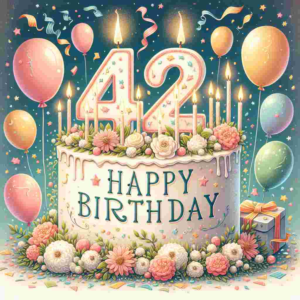 A charming illustration features a frosted cake topped with the number '42' candles, surrounded by colorful balloons and confetti. In the center, 'Happy Birthday' is gracefully written in a whimsical font.
Generated with these themes: 42th  .
Made with ❤️ by AI.