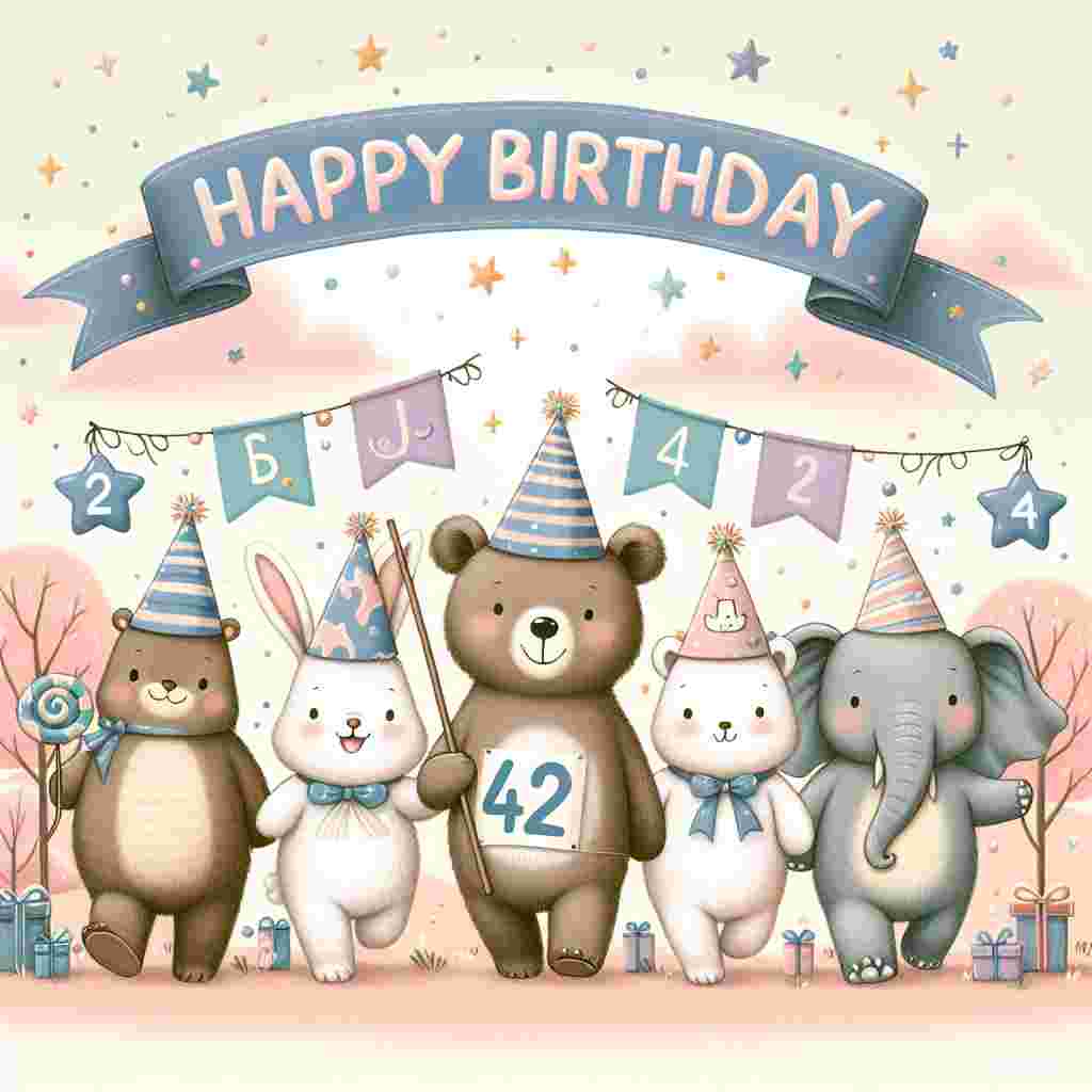 The scene depicts a parade of adorable animals, each wearing a party hat with '42' on it, carrying a banner that reads 'Happy Birthday'. The setting has a pastel color scheme with stars and gifts scattered around.
Generated with these themes: 42th  .
Made with ❤️ by AI.