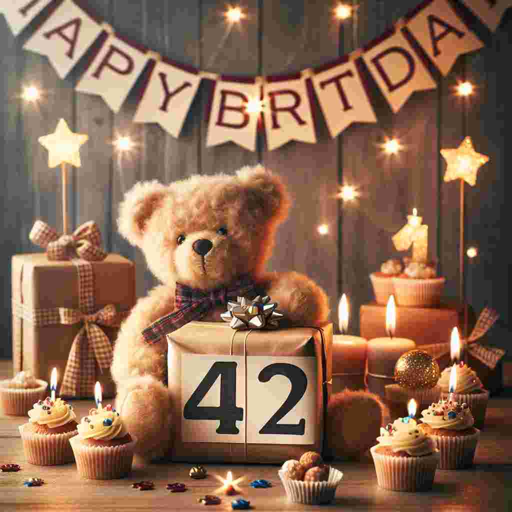 A cozy setting with a cuddly teddy bear holding a gift, with '42' emblazoned on the wrapping paper. Behind, a 'Happy Birthday' sign is draped, and cupcakes with a single candle complete the heartwarming scene.
Generated with these themes: 42th  .
Made with ❤️ by AI.