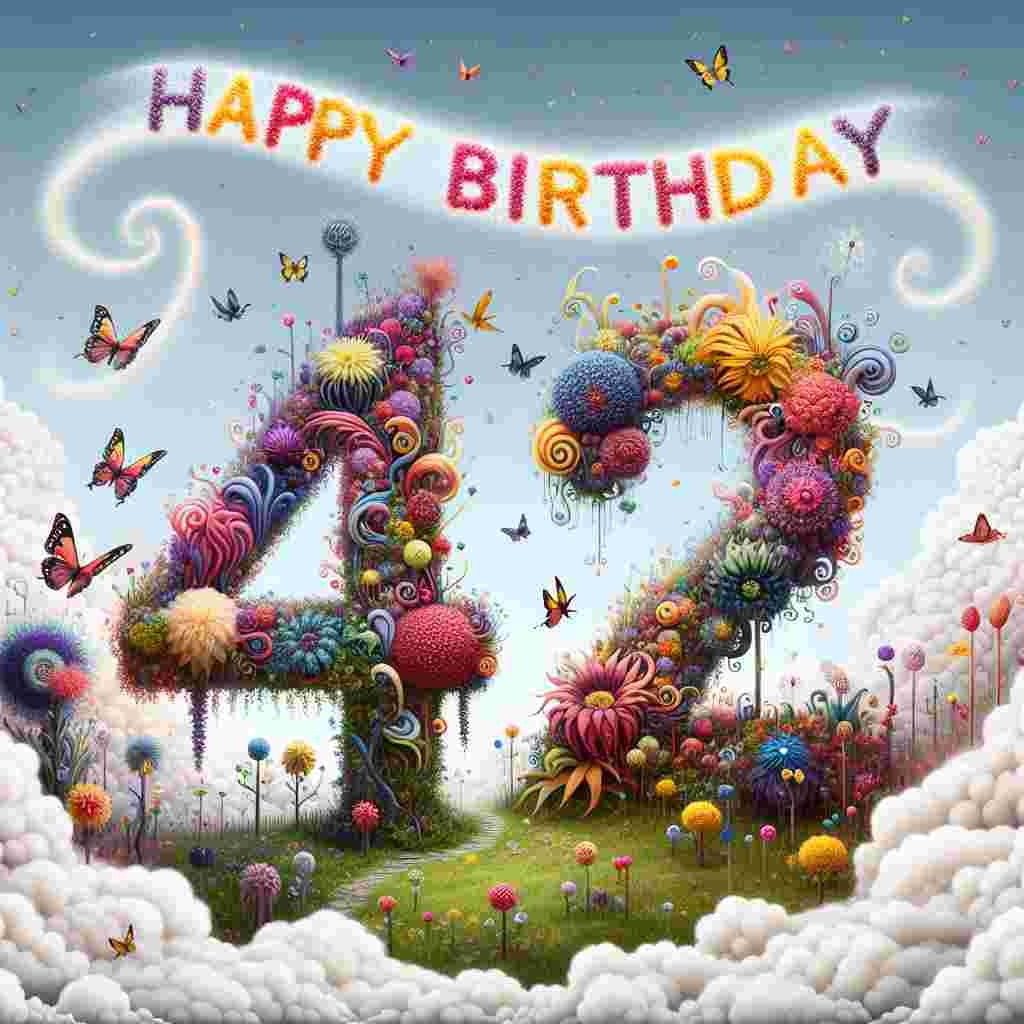 An enchanting illustration shows a fantasy garden with butterflies fluttering around a floral '42'. The 'Happy Birthday' message appears in the sky, written by the trail of a magical creature zooming through the clouds.
Generated with these themes: 42th  .
Made with ❤️ by AI.